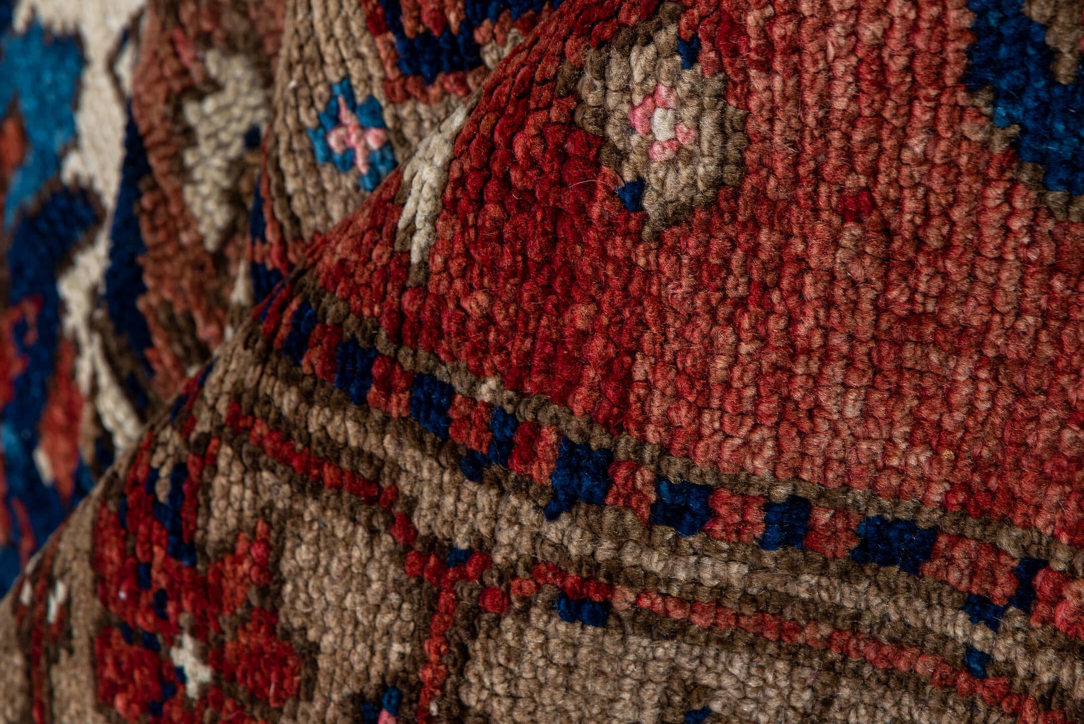 7' x 13' one-of-a-kind handmade antique Karabagh large size rug. Color palette: rose, rust, taupe, indigo, ivory, camel