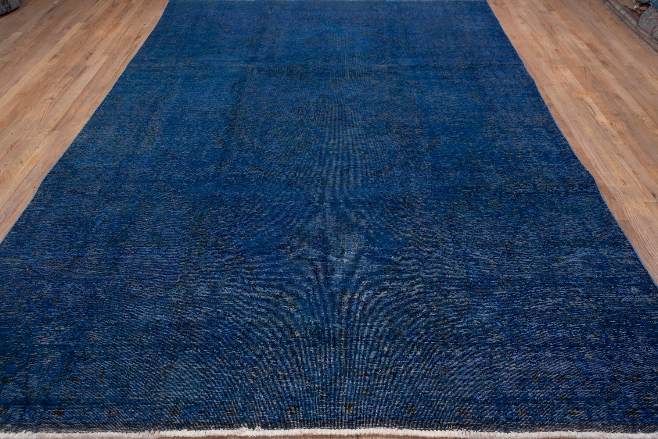 8' x 11' one-of-a-kind handmade vintage Overdyed large size rug. Color palette: blue, dim gray, fiord, gray, off-white, snow