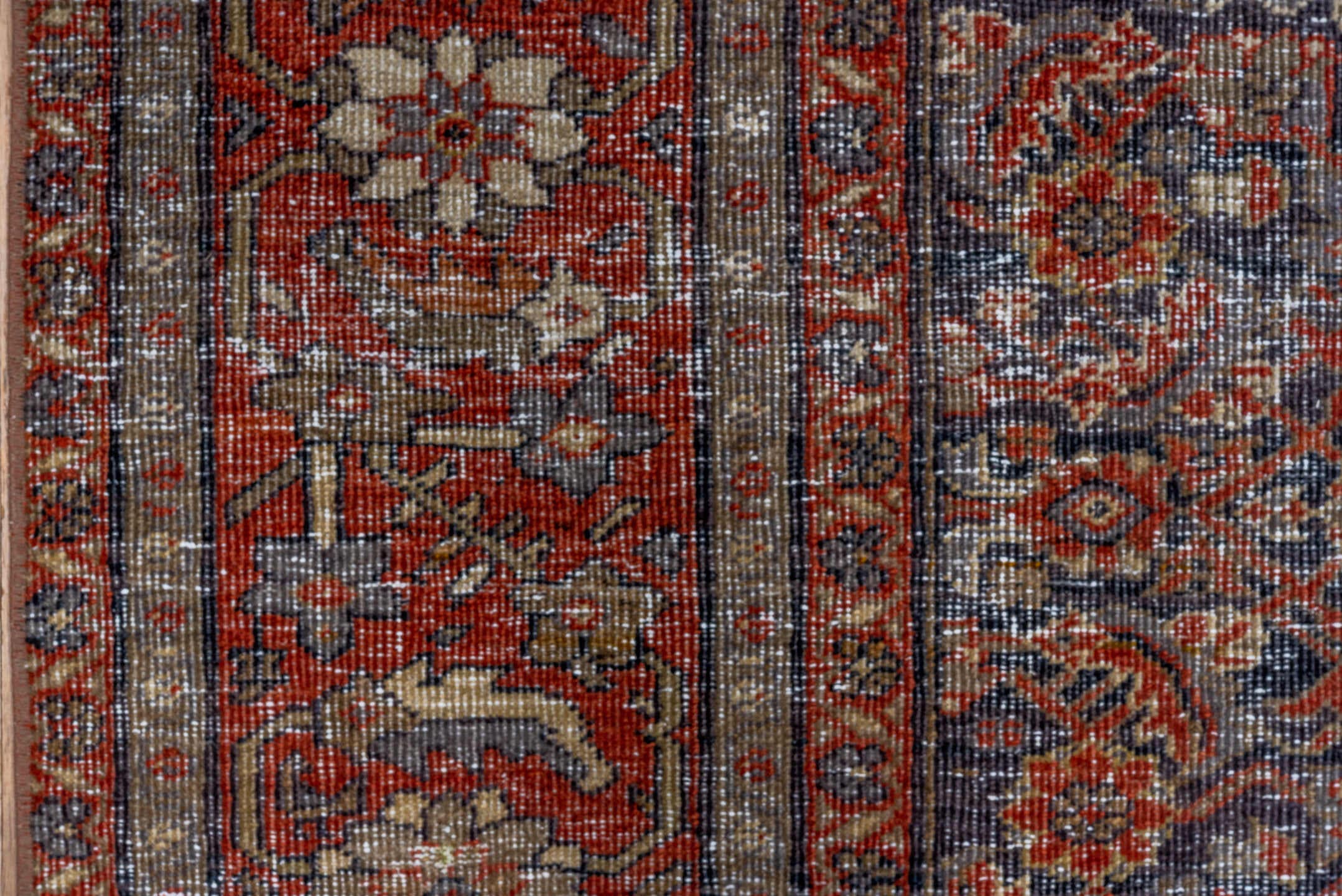 5' x 8' one-of-a-kind handmade antique Mahal medium size rug. Color palette: rust, charcoal, taupe, ivory, terra cotta