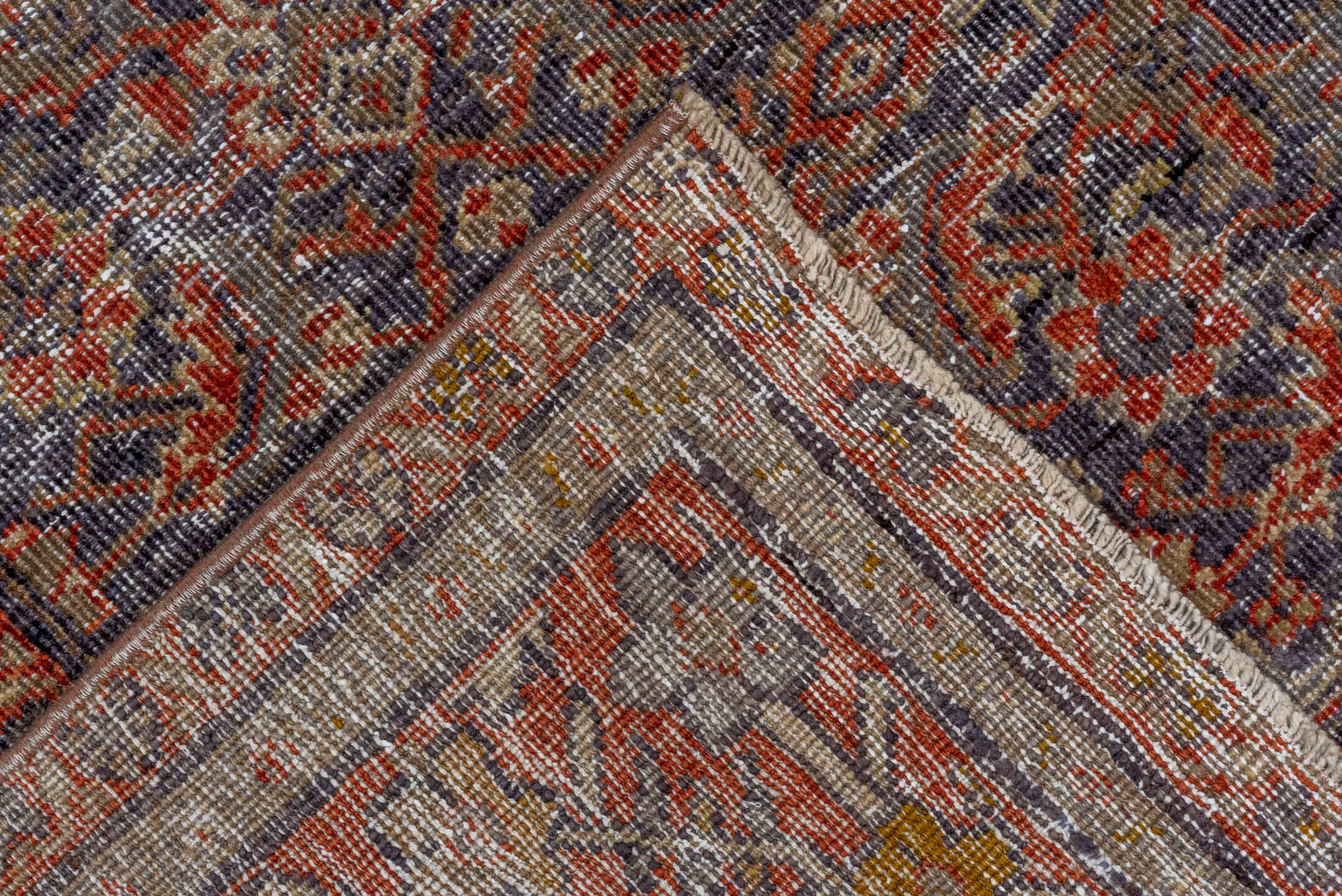 5' x 8' one-of-a-kind handmade antique Mahal medium size rug. Color palette: rust, charcoal, taupe, ivory, terra cotta