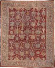 12' x 15' one-of-a-kind handmade antique Oushak oversize rug. Color palette: rust, taupe, ivory, sage, gold, terra cotta