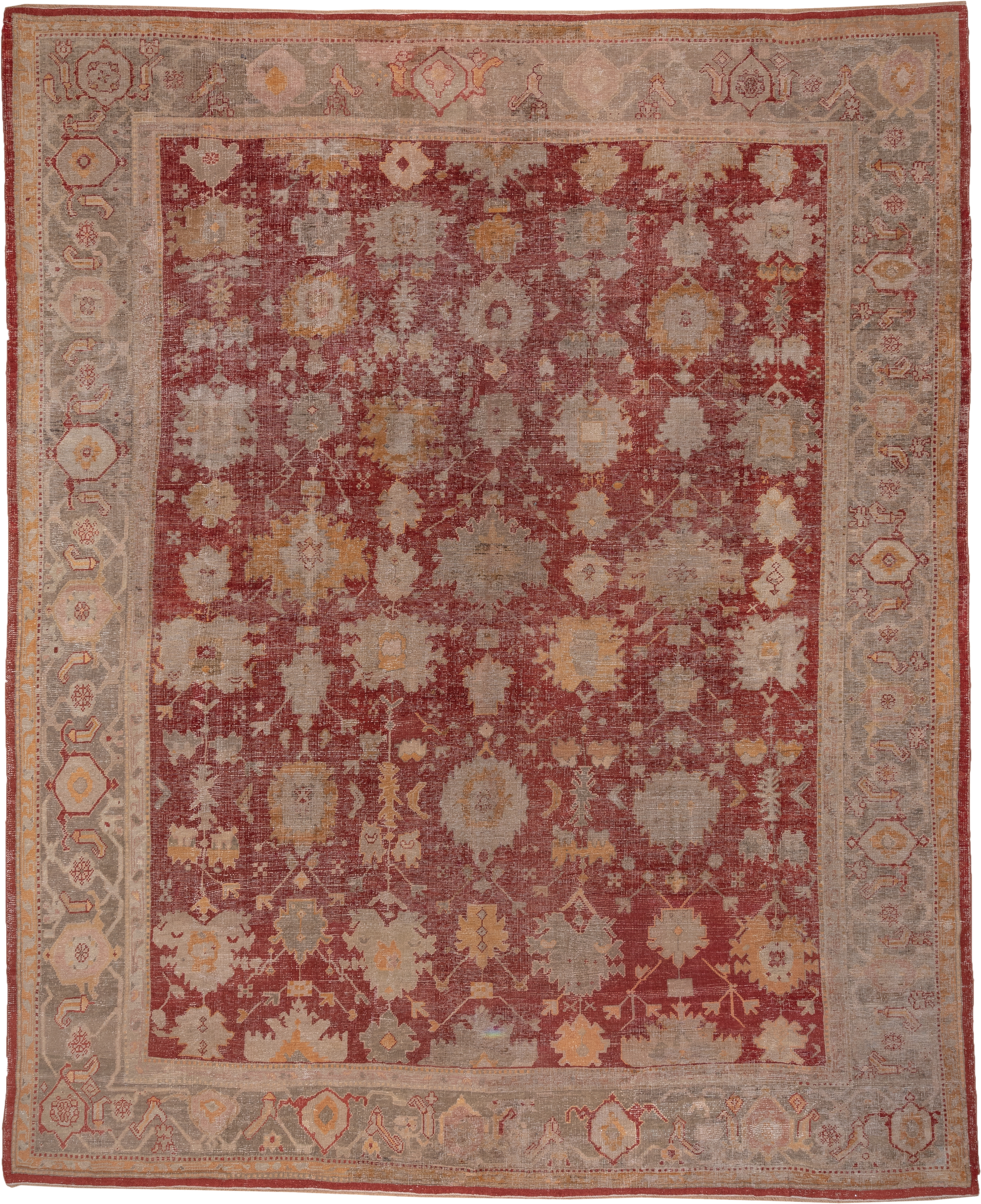 12' x 15' one-of-a-kind handmade antique Oushak oversize rug. Color palette: rust, taupe, ivory, sage, gold, terra cotta
