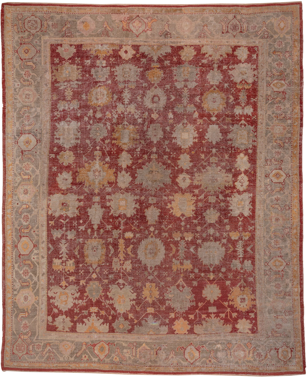 12' x 15' one-of-a-kind handmade antique Oushak oversize rug. Color palette: rust, taupe, ivory, sage, gold, terra cotta