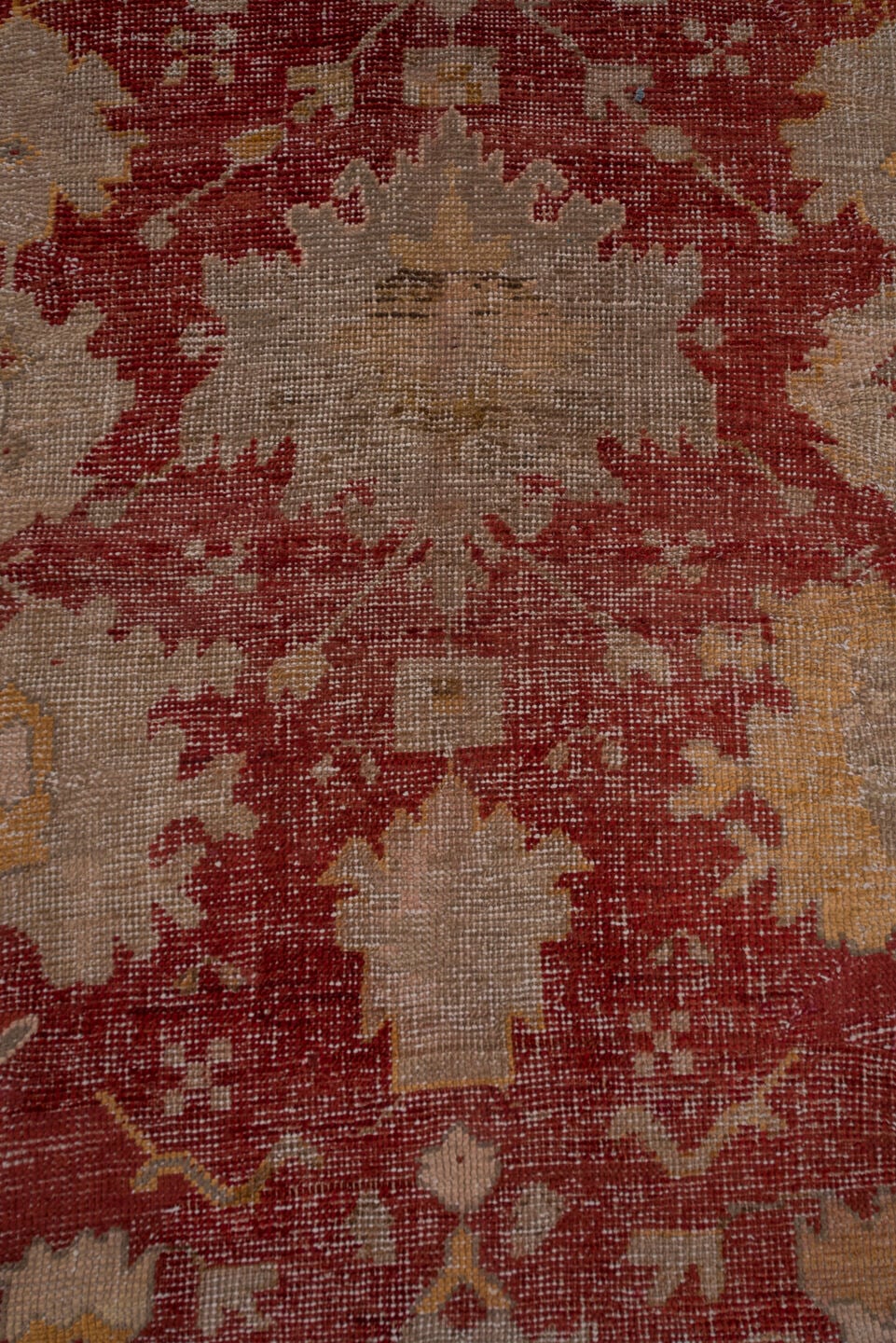 12' x 15' one-of-a-kind handmade antique Oushak oversize rug. Color palette: rust, taupe, ivory, sage, gold, terra cotta