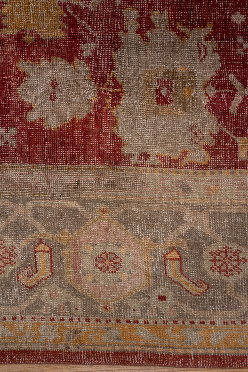 12' x 15' one-of-a-kind handmade antique Oushak oversize rug. Color palette: rust, taupe, ivory, sage, gold, terra cotta