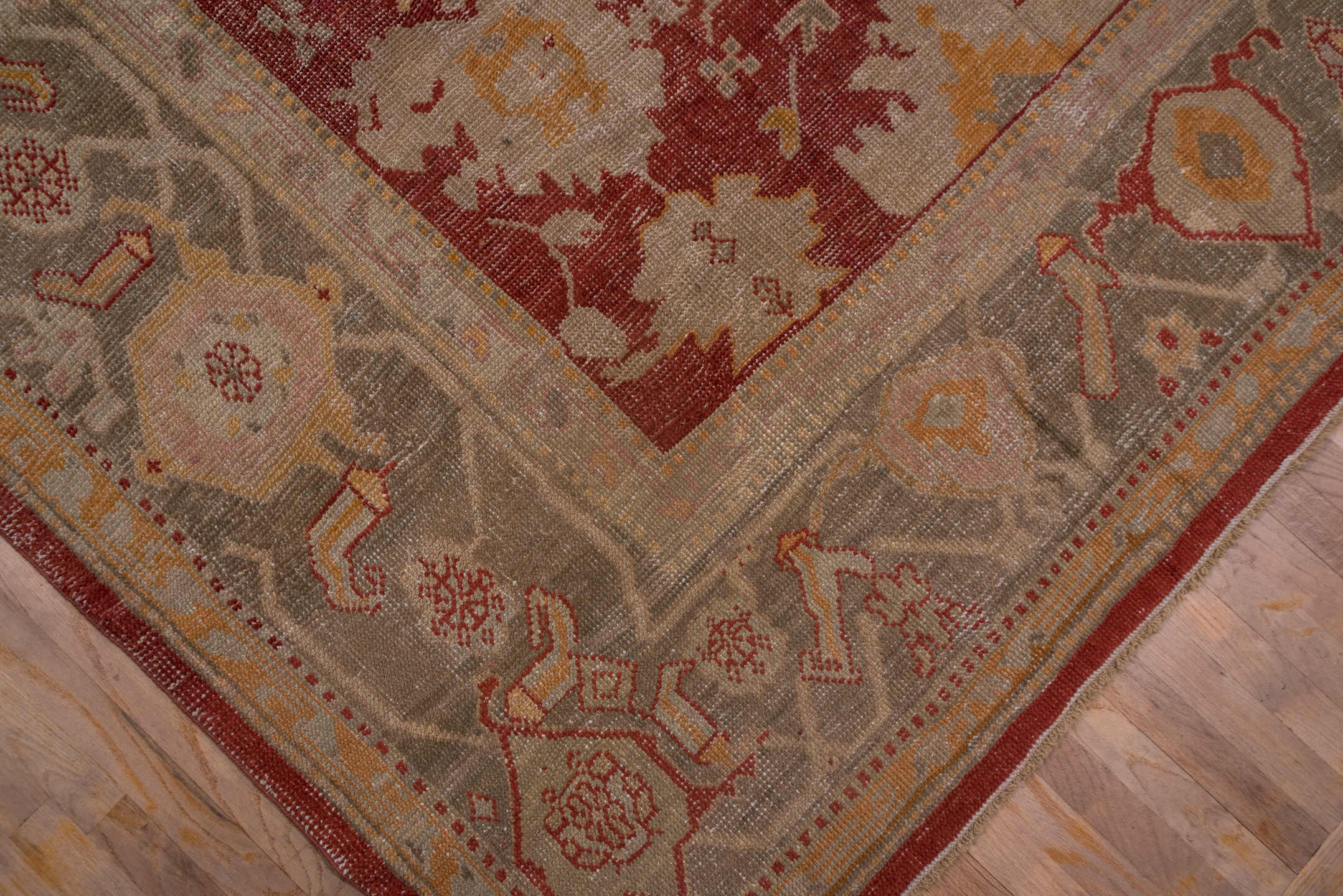 12' x 15' one-of-a-kind handmade antique Oushak oversize rug. Color palette: rust, taupe, ivory, sage, gold, terra cotta