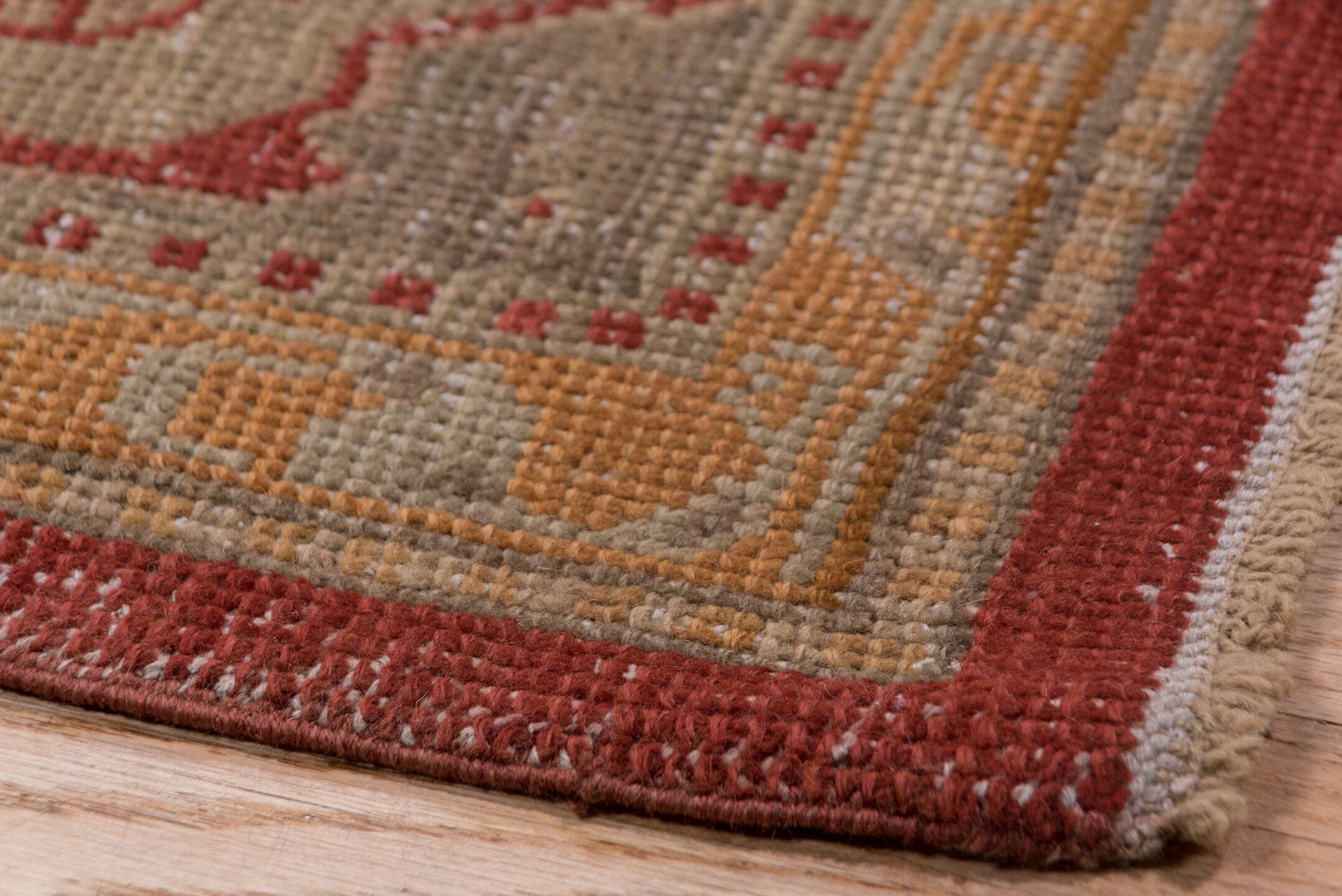 12' x 15' one-of-a-kind handmade antique Oushak oversize rug. Color palette: rust, taupe, ivory, sage, gold, terra cotta