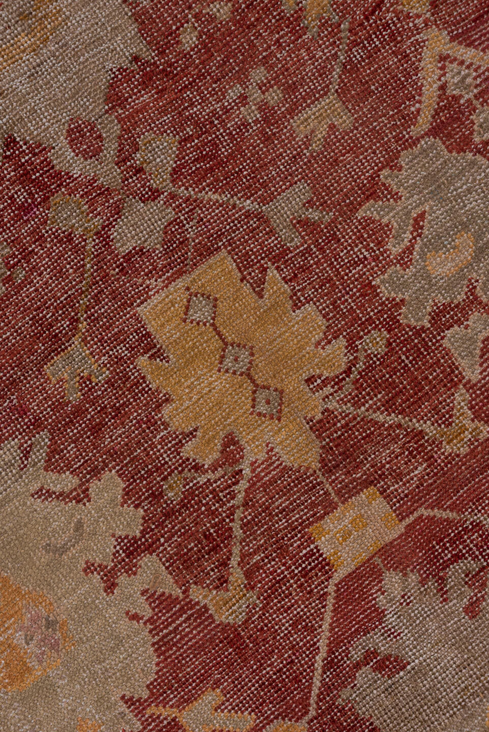 12' x 15' one-of-a-kind handmade antique Oushak oversize rug. Color palette: rust, taupe, ivory, sage, gold, terra cotta