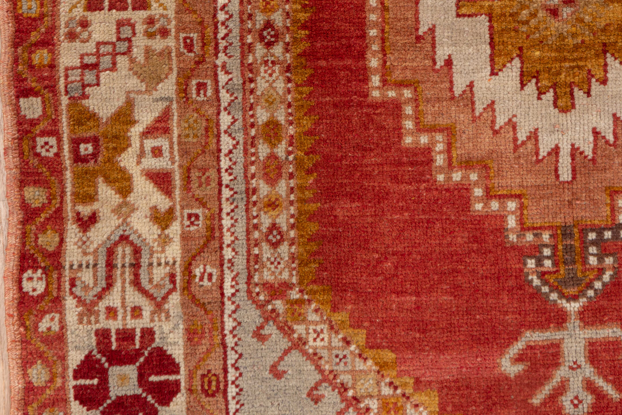 3' x 5' one-of-a-kind handmade vintage Oushak small size rug. Color palette: rust, ivory, terra cotta, gold, camel, rose