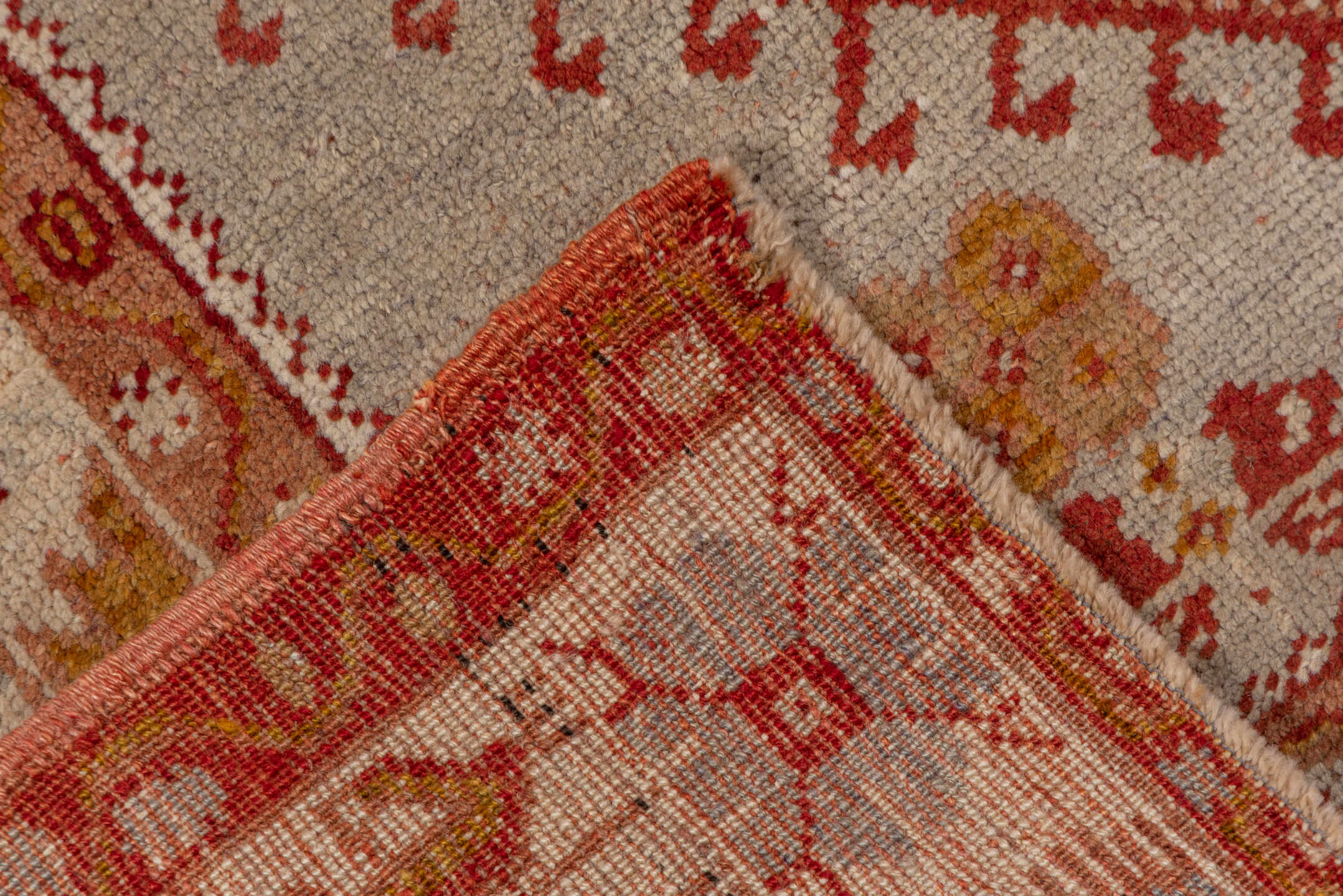 3' x 5' one-of-a-kind handmade vintage Oushak small size rug. Color palette: rust, ivory, terra cotta, gold, camel, rose