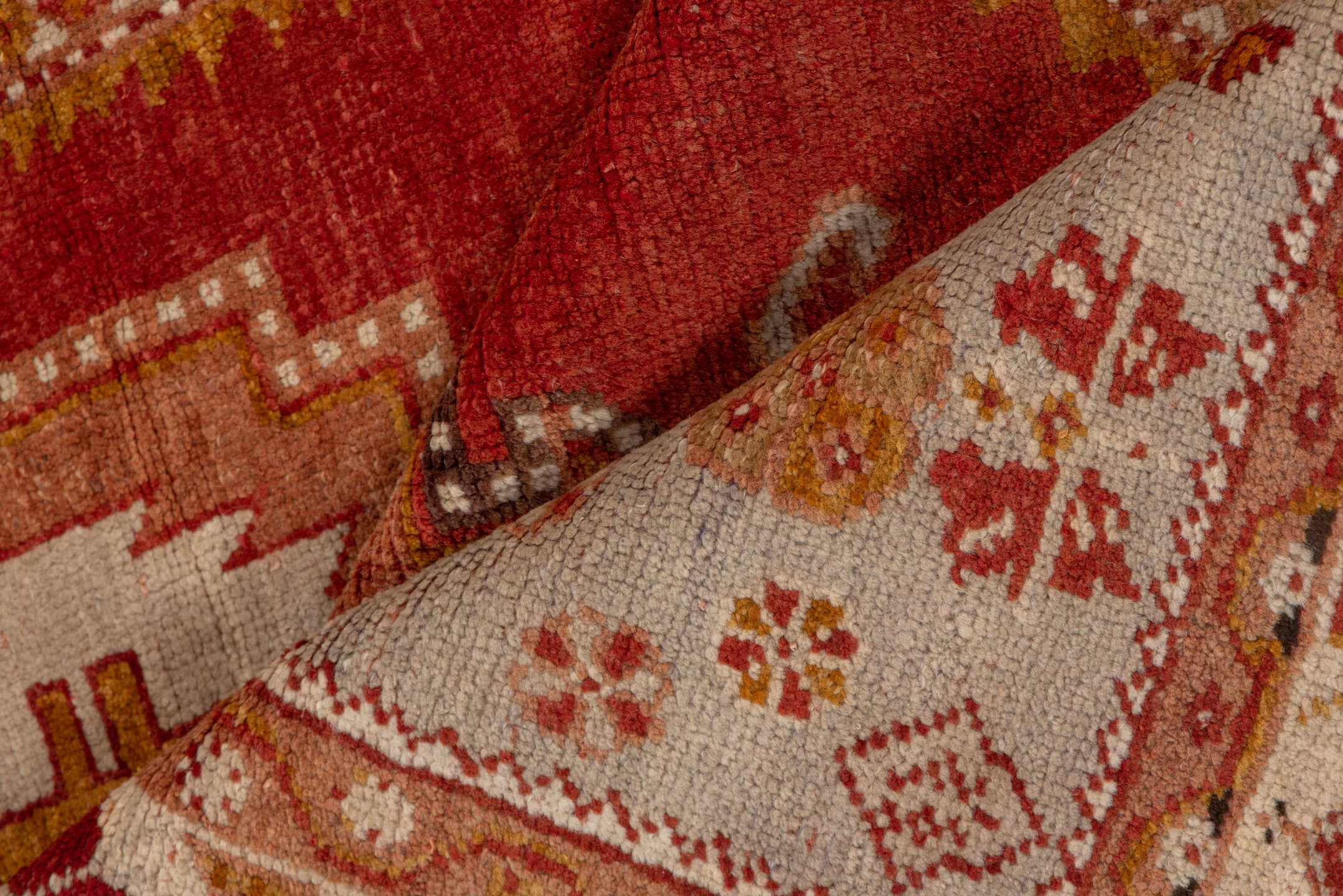 3' x 5' one-of-a-kind handmade vintage Oushak small size rug. Color palette: rust, ivory, terra cotta, gold, camel, rose
