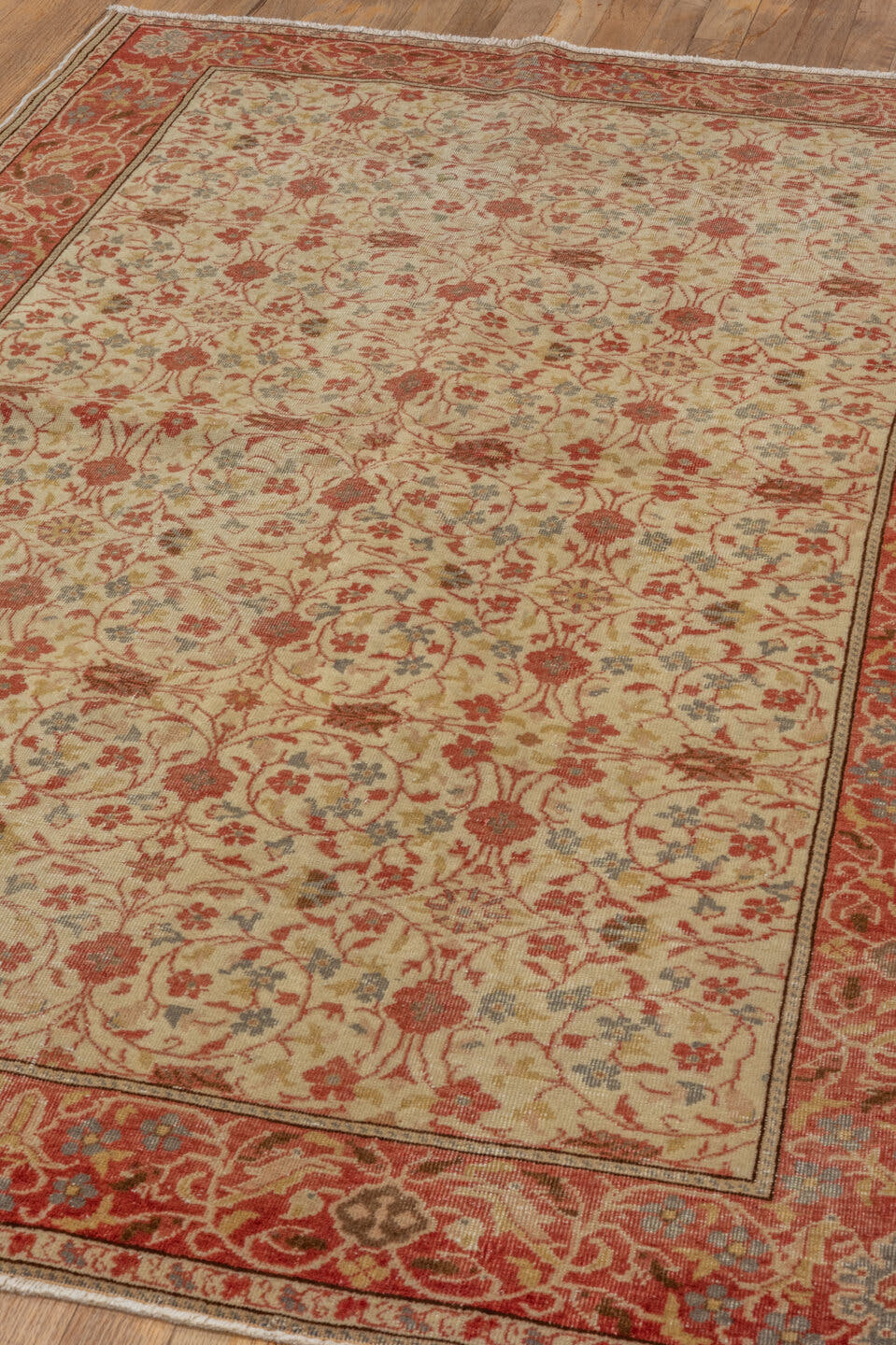 4' x 6' one-of-a-kind handmade vintage Kaisary small size rug. Color palette: ivory, rust, terracotta, sage, slate, beige
