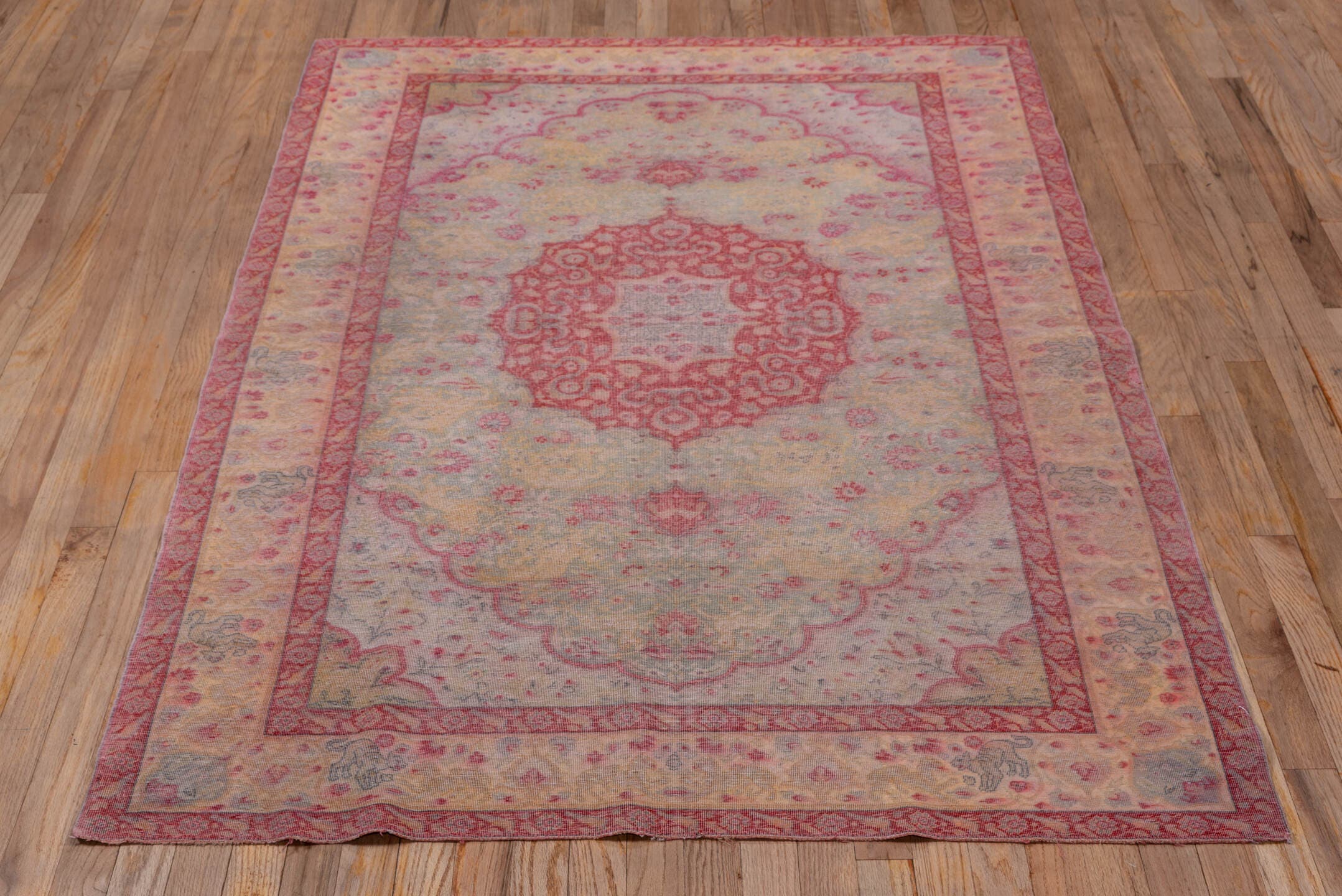 4' x 6' one-of-a-kind handmade vintage Kaisary small size rug. Color palette: ivory, rose, sage, gold, blush, taupe, coral