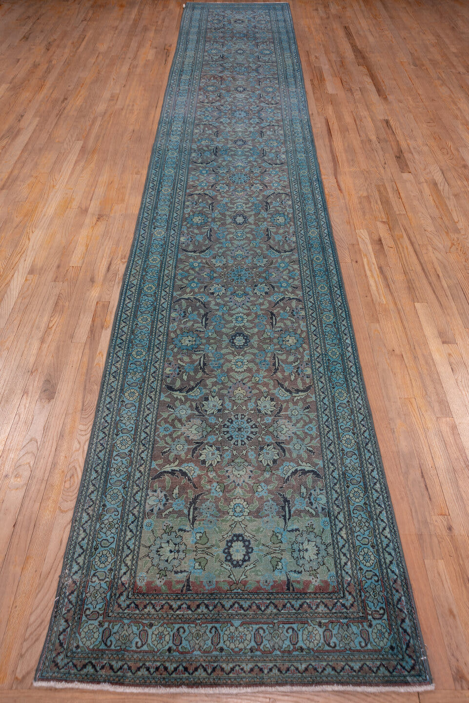 3' x 19' one-of-a-kind handmade vintage Sivas runner rug. Color palette: turquoise, slate, taupe, aqua, lavender, charcoal