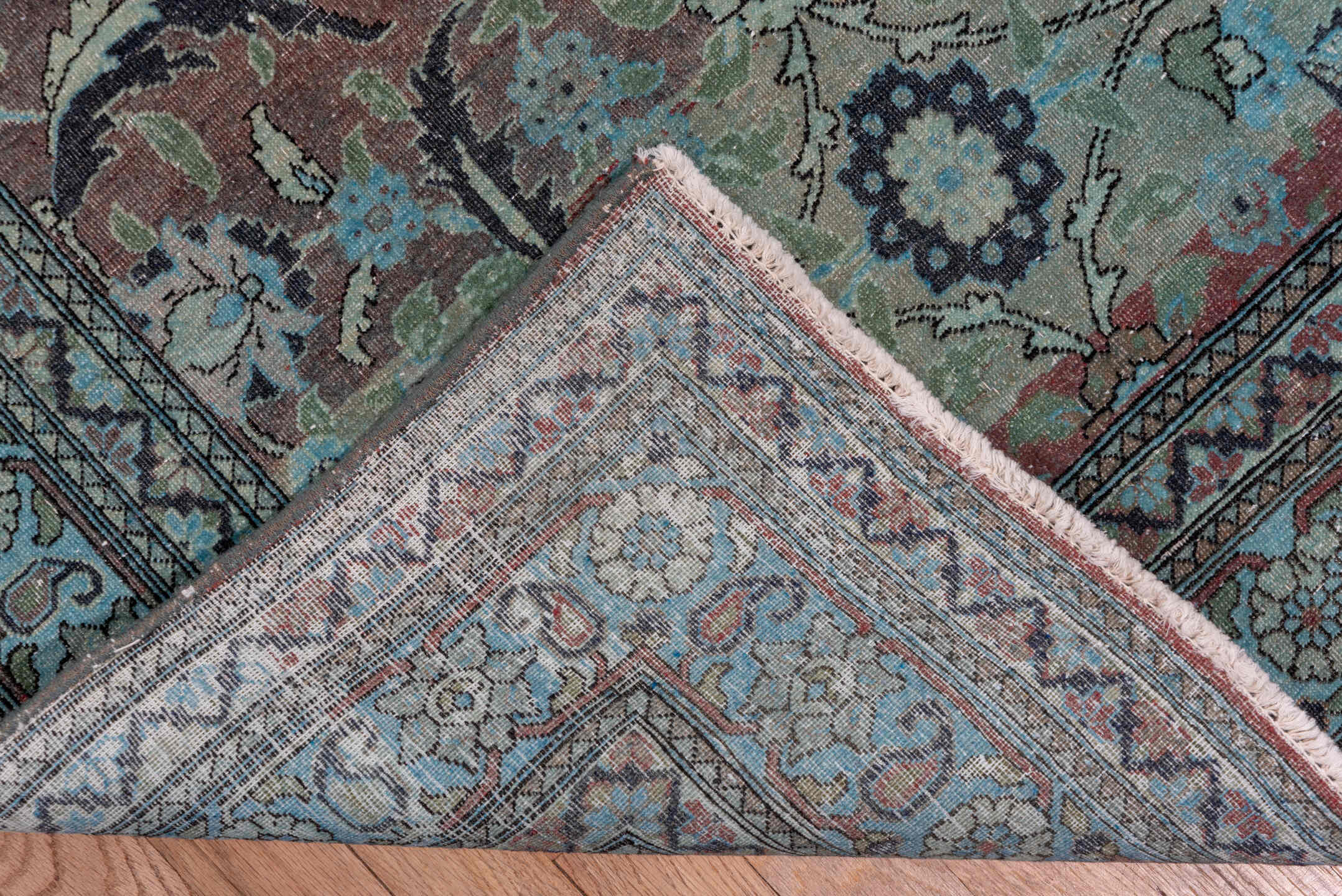 3' x 19' one-of-a-kind handmade vintage Sivas runner rug. Color palette: turquoise, slate, taupe, aqua, lavender, charcoal