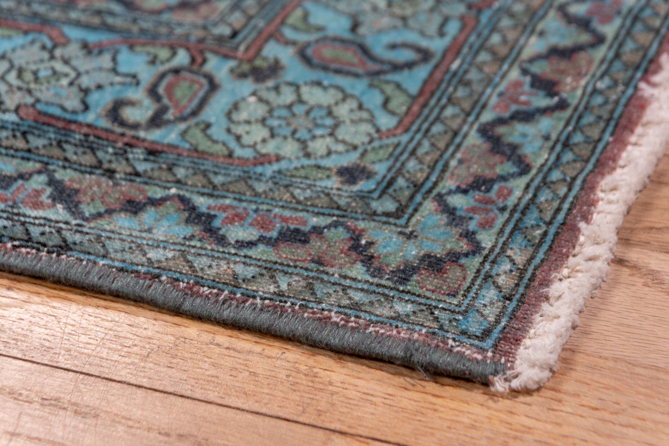 3' x 19' one-of-a-kind handmade vintage Sivas runner rug. Color palette: turquoise, slate, taupe, aqua, lavender, charcoal
