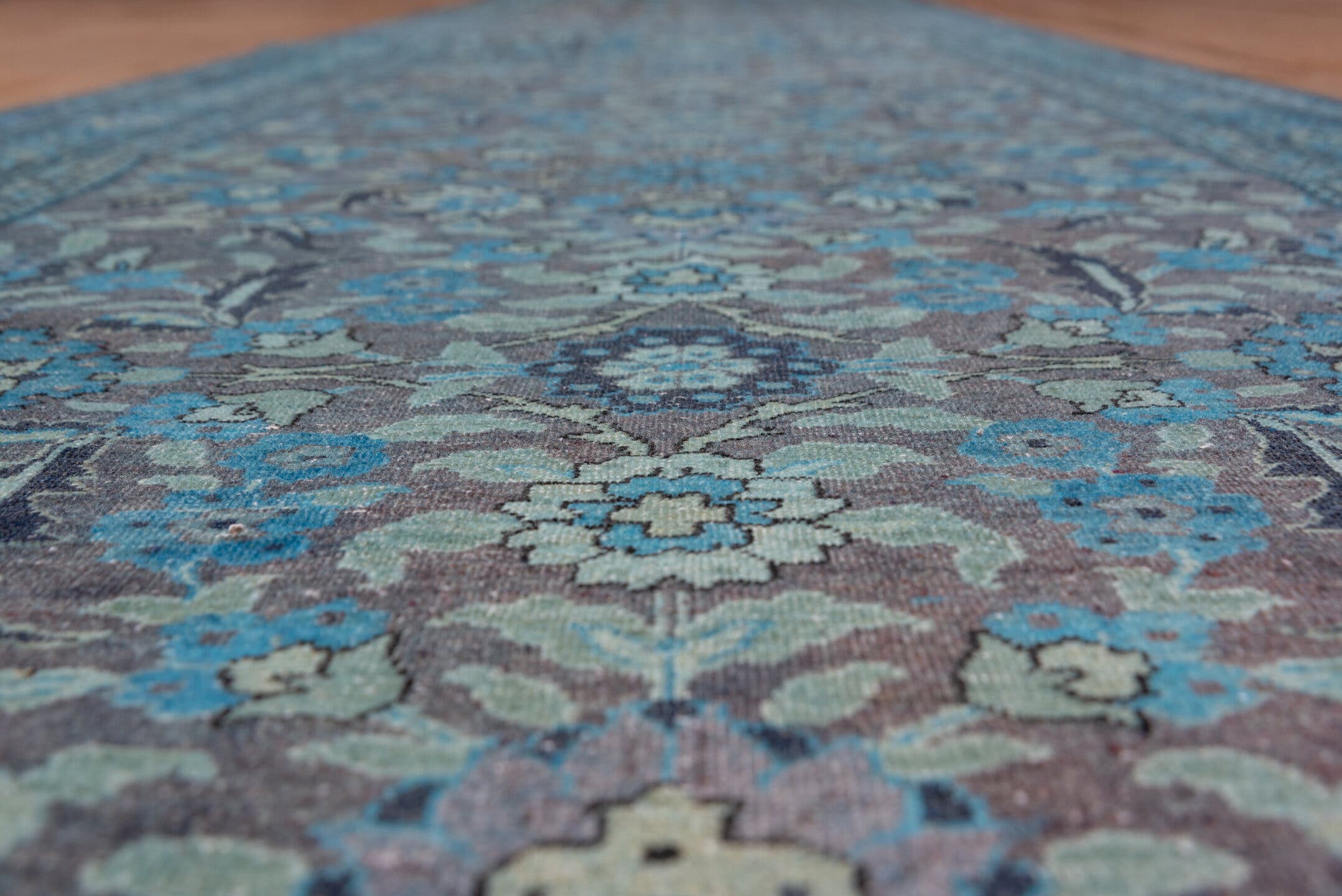 3' x 19' one-of-a-kind handmade vintage Sivas runner rug. Color palette: turquoise, slate, taupe, aqua, lavender, charcoal