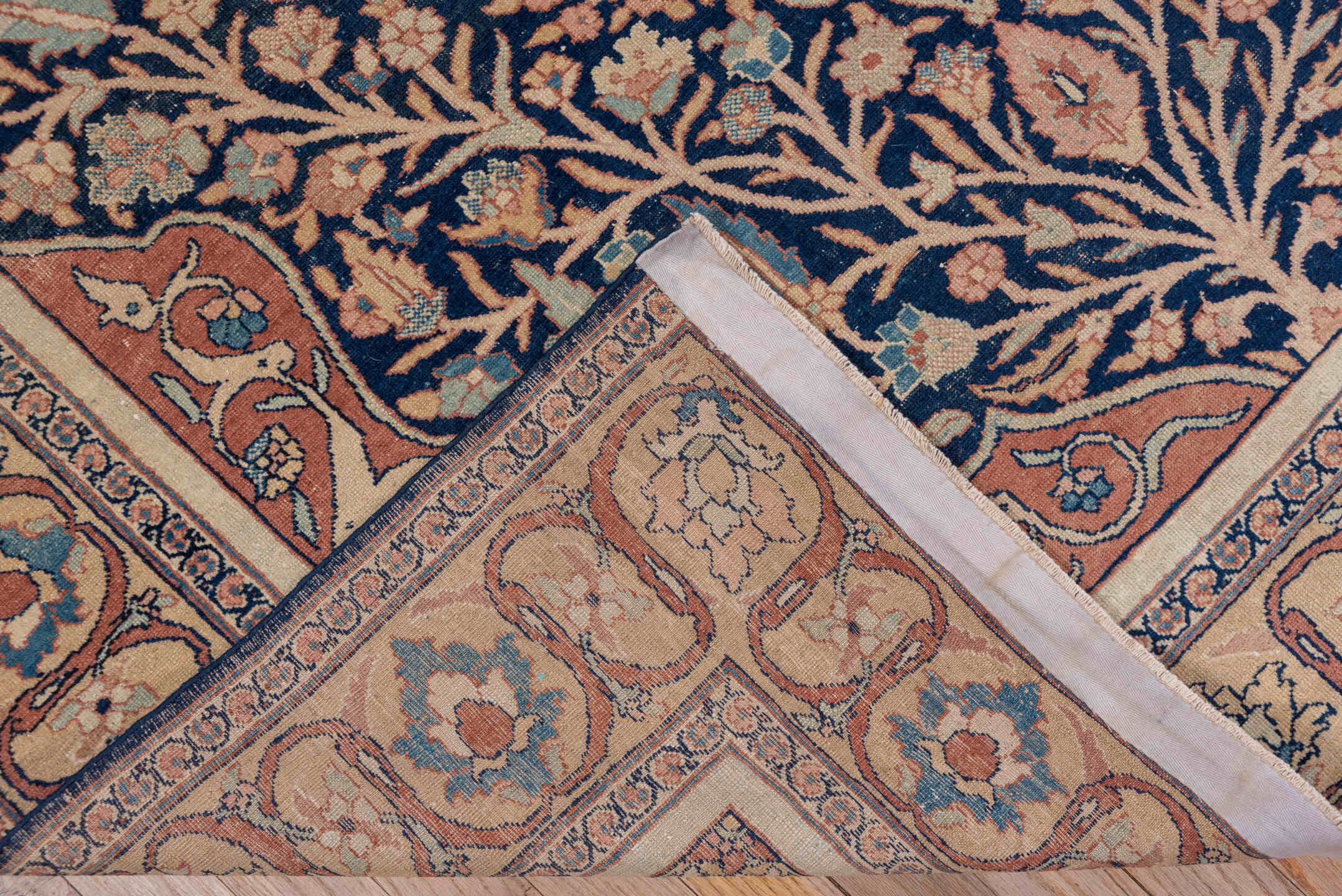 4' x 6' one-of-a-kind handmade antique Tabriz small size rug. Color palette: navy, terracotta, ivory, camel, sky_blue, rose