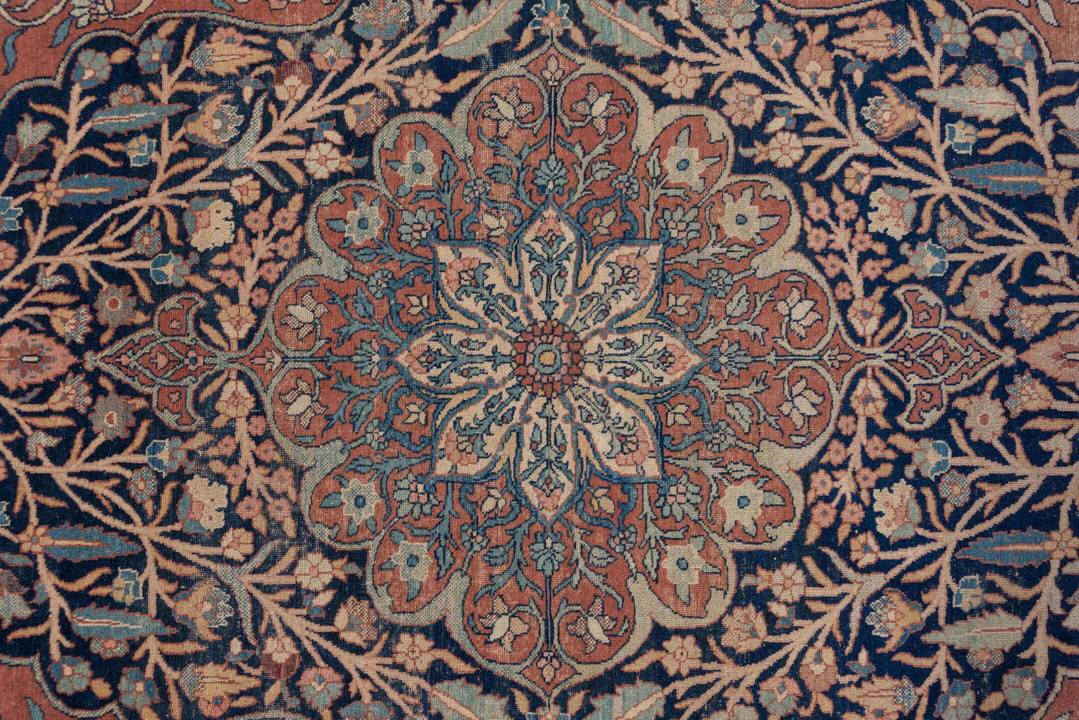 4' x 6' one-of-a-kind handmade antique Tabriz small size rug. Color palette: navy, terracotta, ivory, camel, sky_blue, rose
