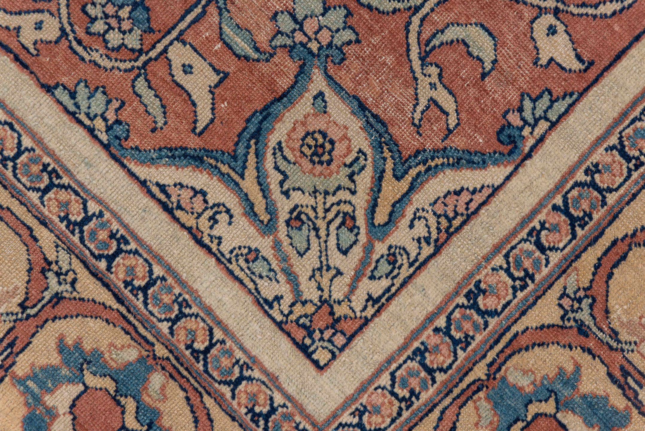 4' x 6' one-of-a-kind handmade antique Tabriz small size rug. Color palette: navy, terracotta, ivory, camel, sky_blue, rose