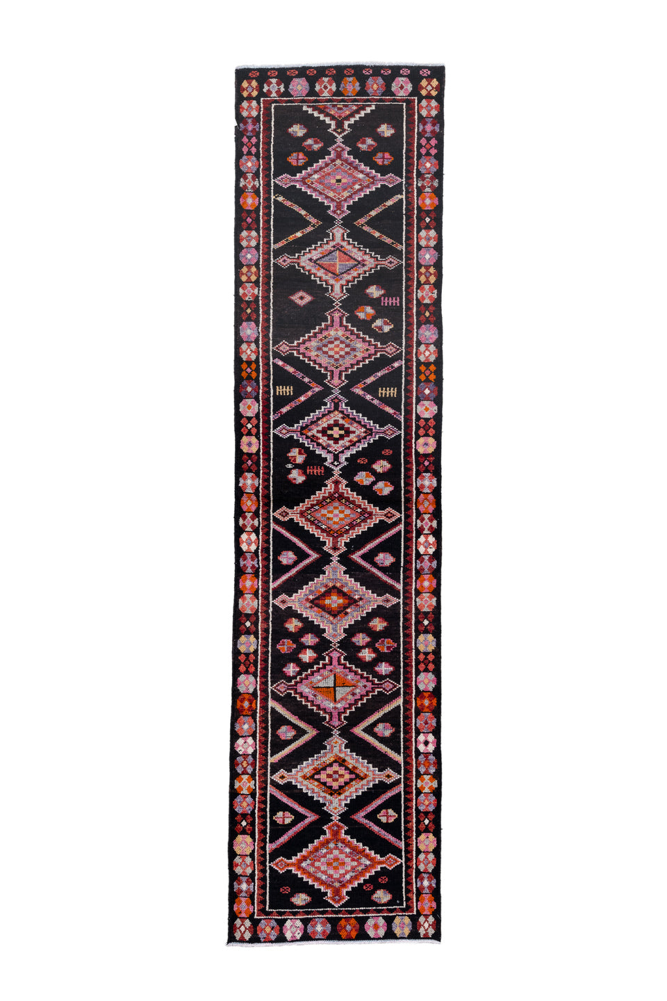 3' x 12' one-of-a-kind handmade vintage Oushak runner rug. Color palette: charcoal, rose, ivory, rust, lavender, crimson
