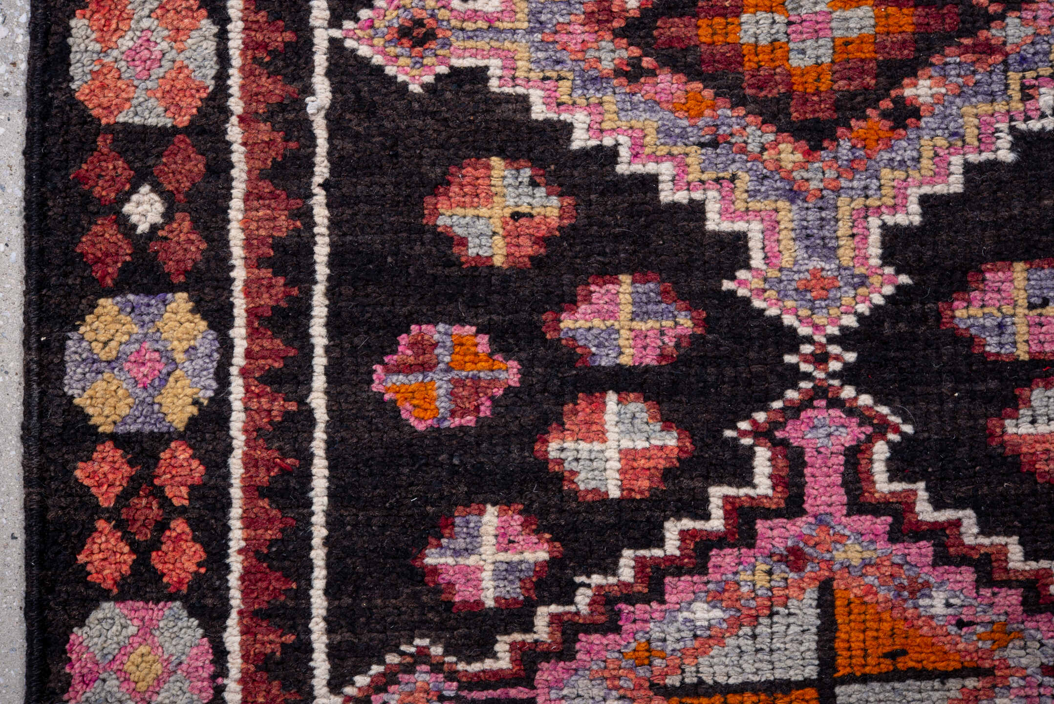 3' x 12' one-of-a-kind handmade vintage Oushak runner rug. Color palette: charcoal, rose, ivory, rust, lavender, crimson