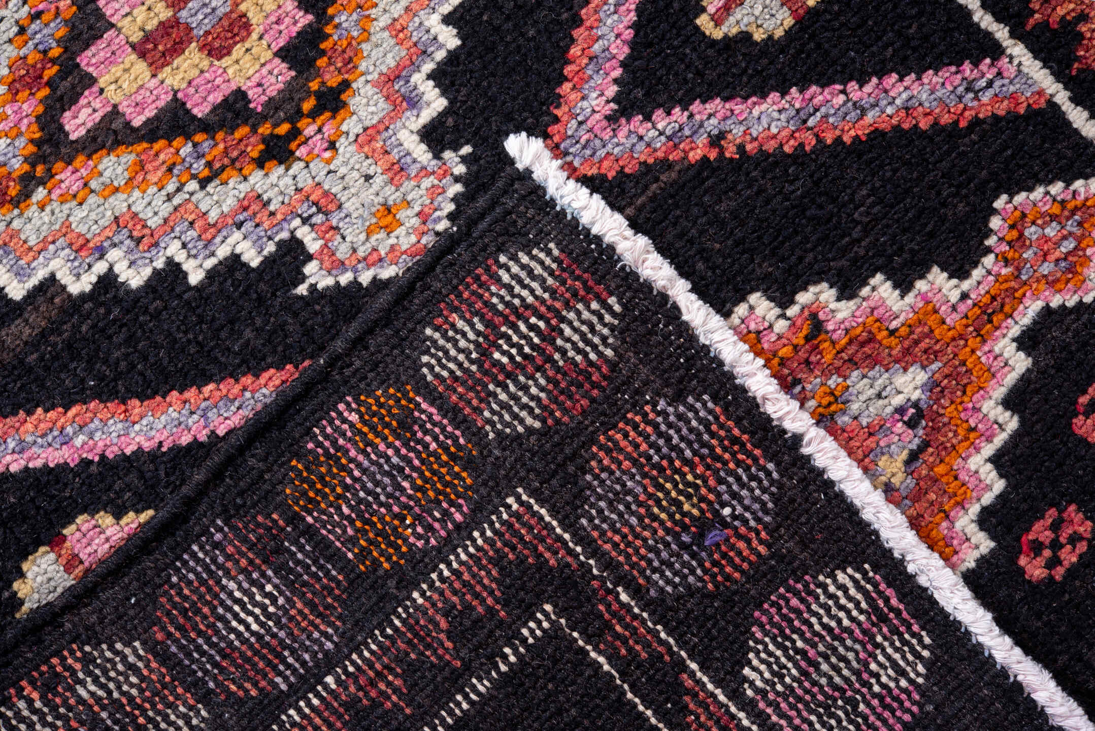 3' x 12' one-of-a-kind handmade vintage Oushak runner rug. Color palette: charcoal, rose, ivory, rust, lavender, crimson