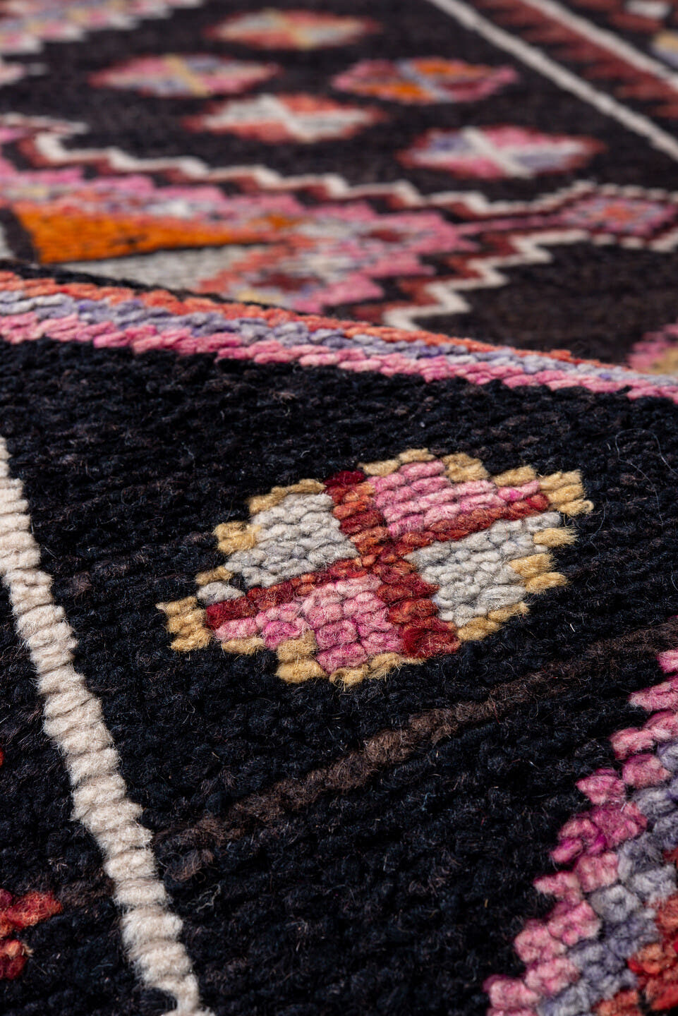 3' x 12' one-of-a-kind handmade vintage Oushak runner rug. Color palette: charcoal, rose, ivory, rust, lavender, crimson