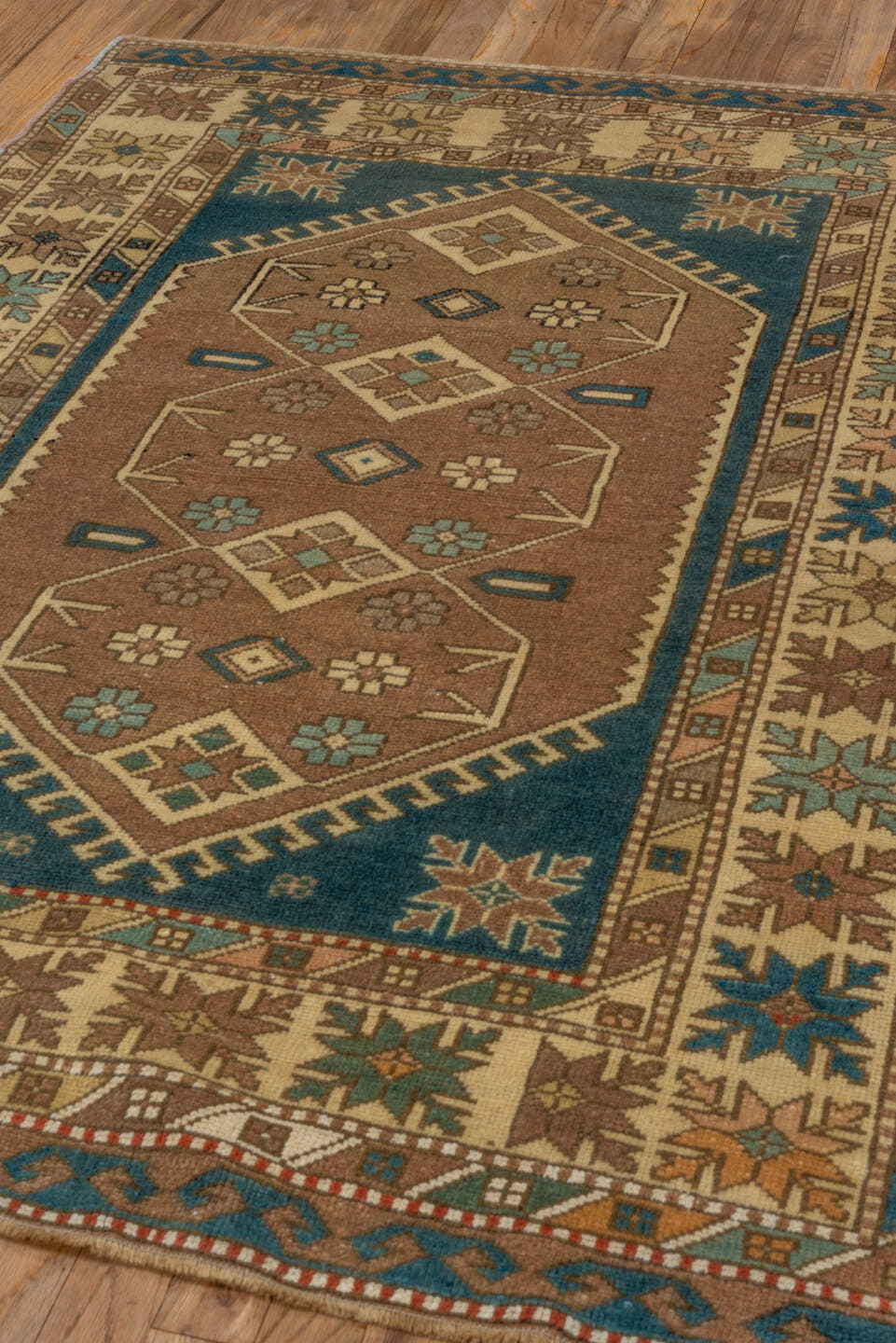 3' x 5' one-of-a-kind handmade antique Oushak small size rug. Color palette: ivory, teal, taupe, camel, brown, sky blue