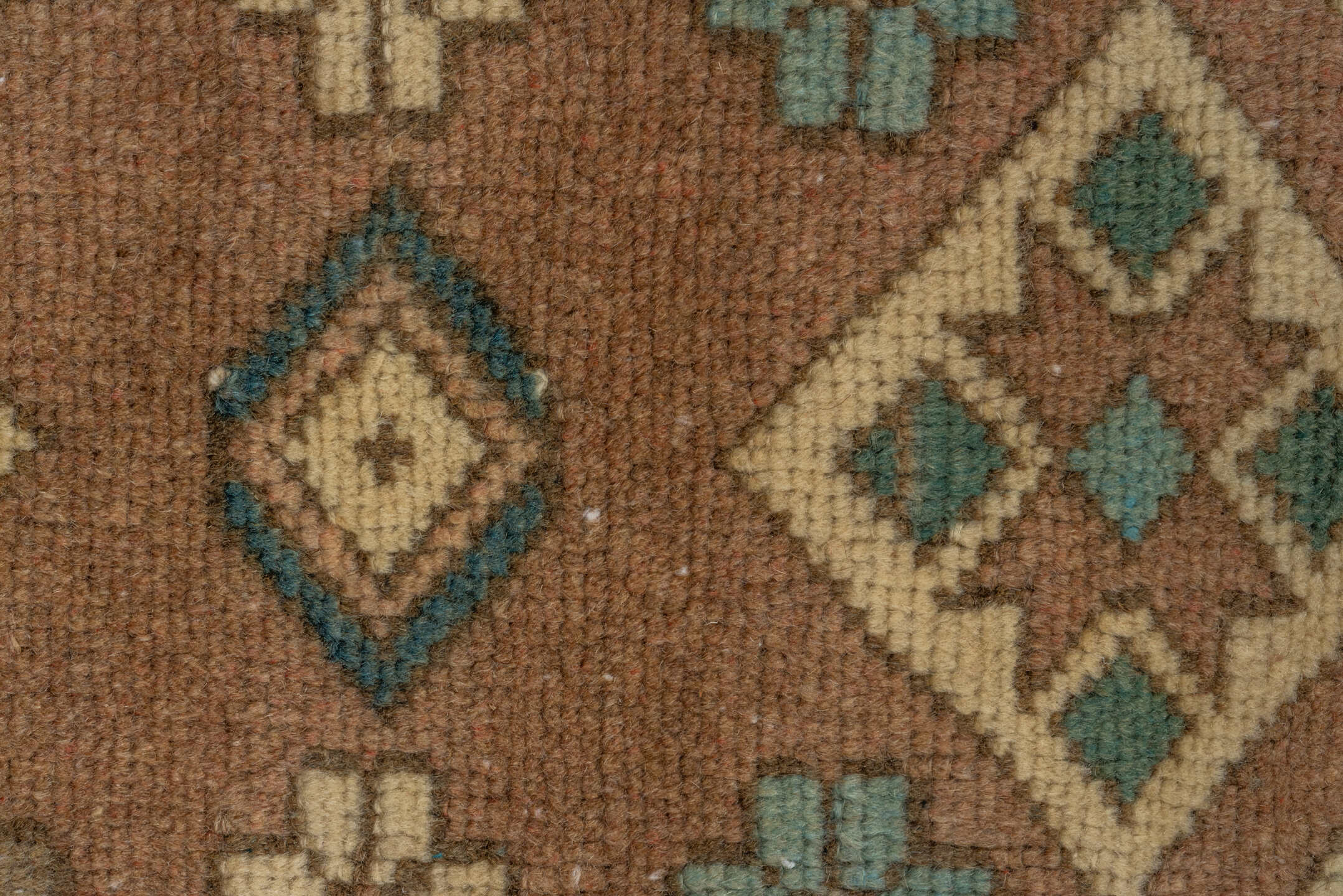 3' x 5' one-of-a-kind handmade antique Oushak small size rug. Color palette: ivory, teal, taupe, camel, brown, sky blue