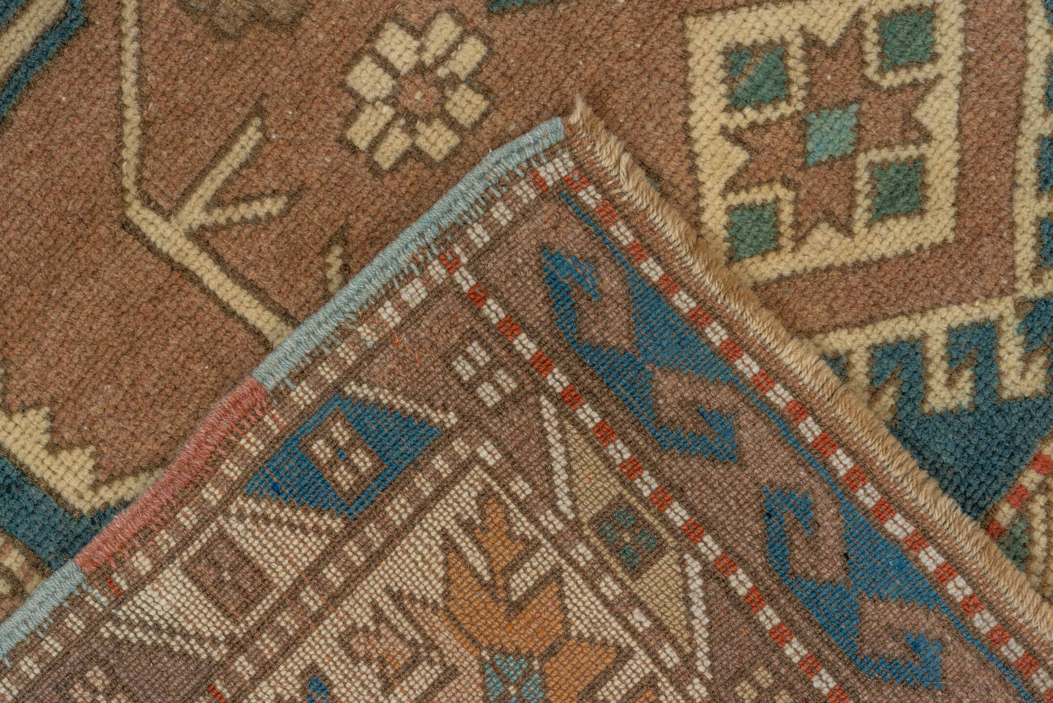 3' x 5' one-of-a-kind handmade antique Oushak small size rug. Color palette: ivory, teal, taupe, camel, brown, sky blue
