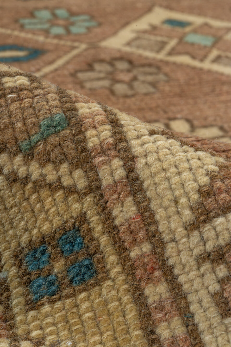 3' x 5' one-of-a-kind handmade antique Oushak small size rug. Color palette: ivory, teal, taupe, camel, brown, sky blue