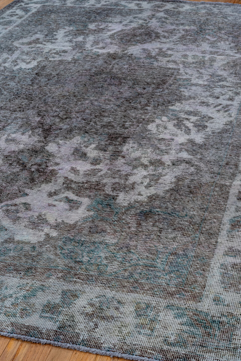 6' x 9' one-of-a-kind handmade vintage Overdyed medium size rug. Color palette: charcoal, ivory, gray, taupe, teal, lavender