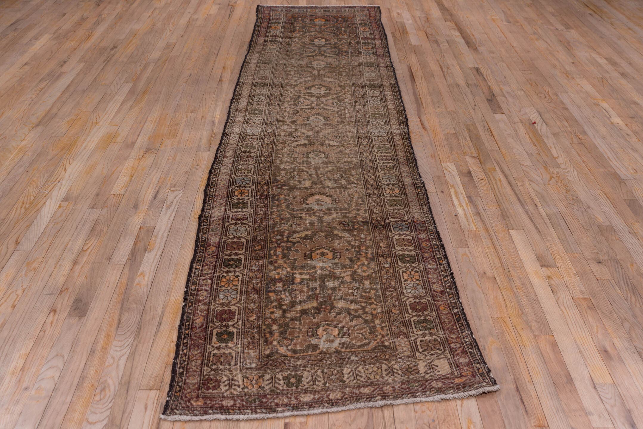 2' x 13' one-of-a-kind handmade vintage Sarab runner rug. Color palette: brown, taupe, charcoal, rust, ivory, slate, camel