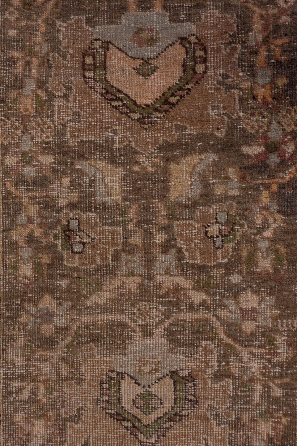 2' x 13' one-of-a-kind handmade vintage Sarab runner rug. Color palette: brown, dark gray, gray, pink, saddle brown