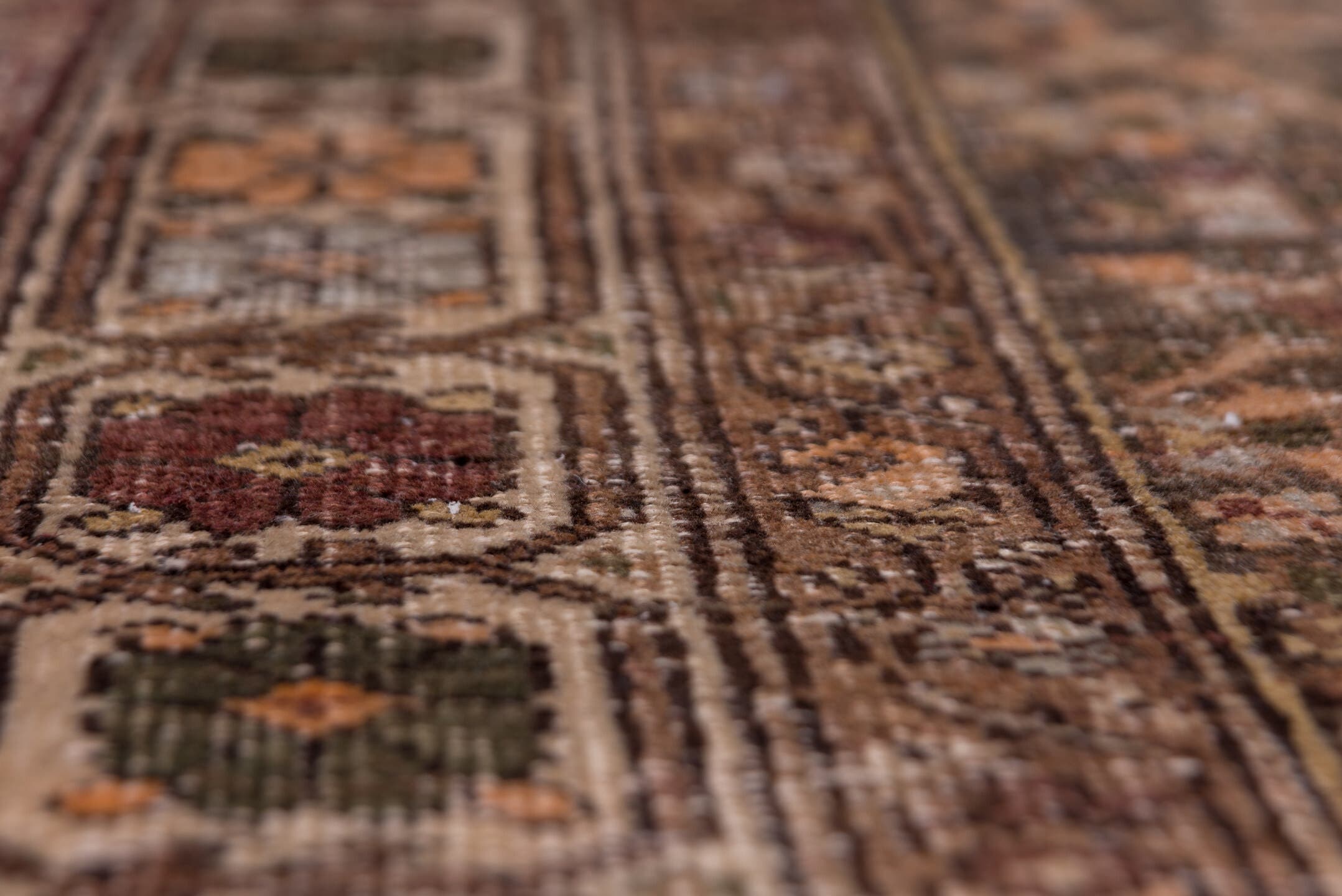2' x 13' one-of-a-kind handmade vintage Sarab runner rug. Color palette: brown, taupe, charcoal, rust, ivory, slate, camel