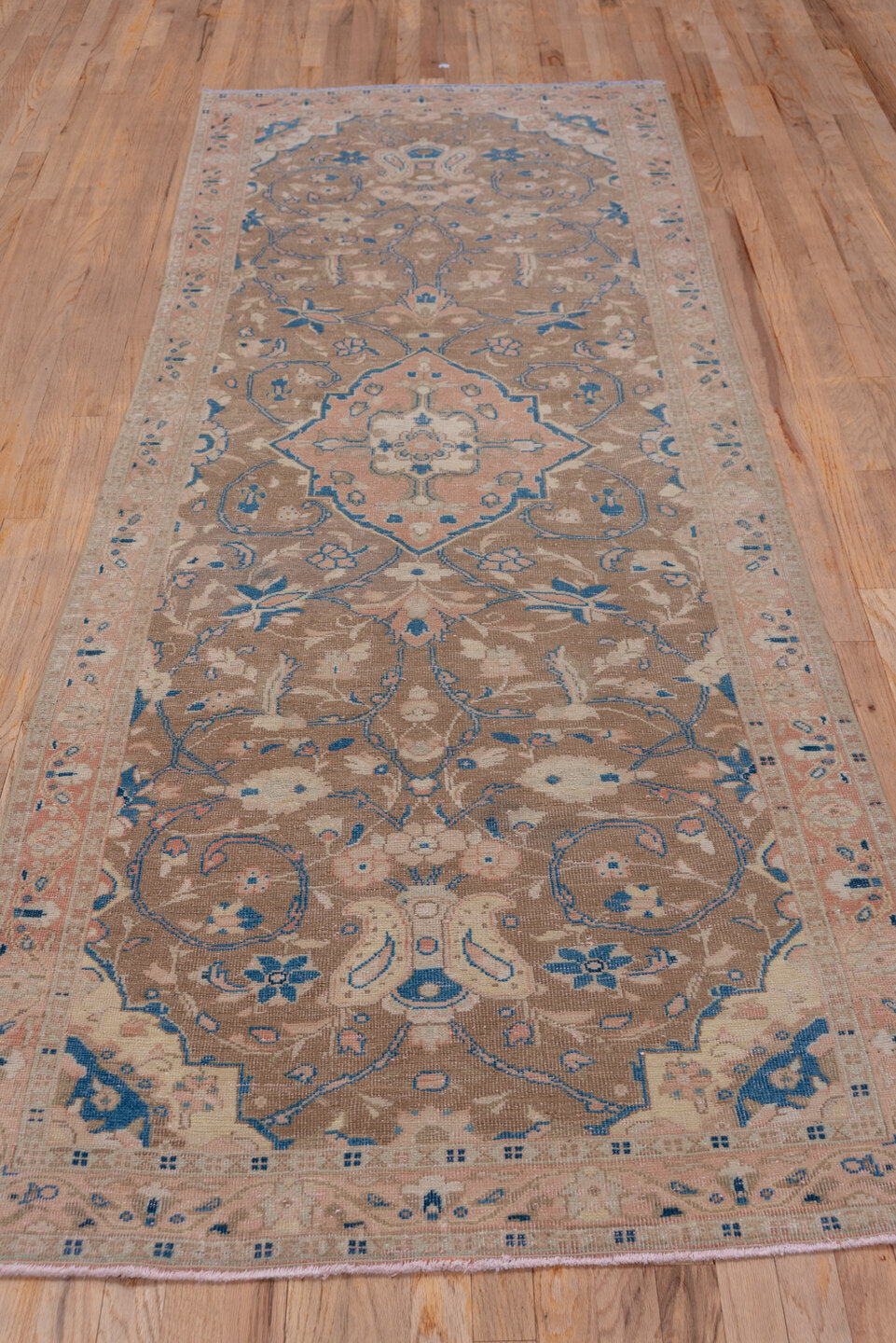 3' x 10' one-of-a-kind handmade vintage Oushak runner rug. Color palette: blue, brown, gray, light gray, pink
