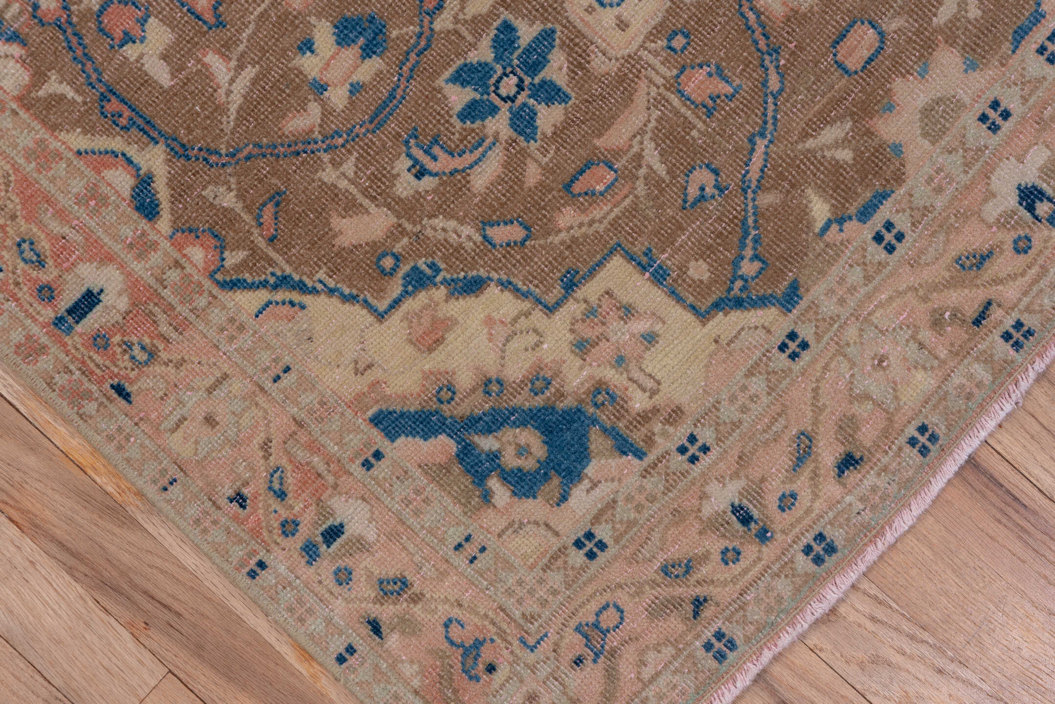 3' x 10' one-of-a-kind handmade vintage Oushak runner rug. Color palette: blue, brown, gray, light gray, pink