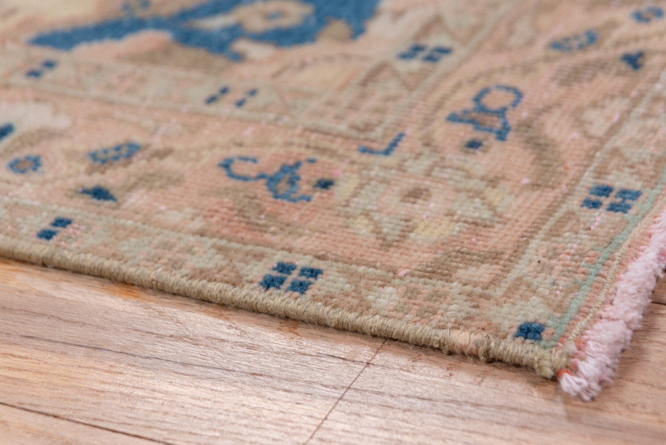 3' x 10' one-of-a-kind handmade vintage Oushak runner rug. Color palette: blue, brown, gray, light gray, pink