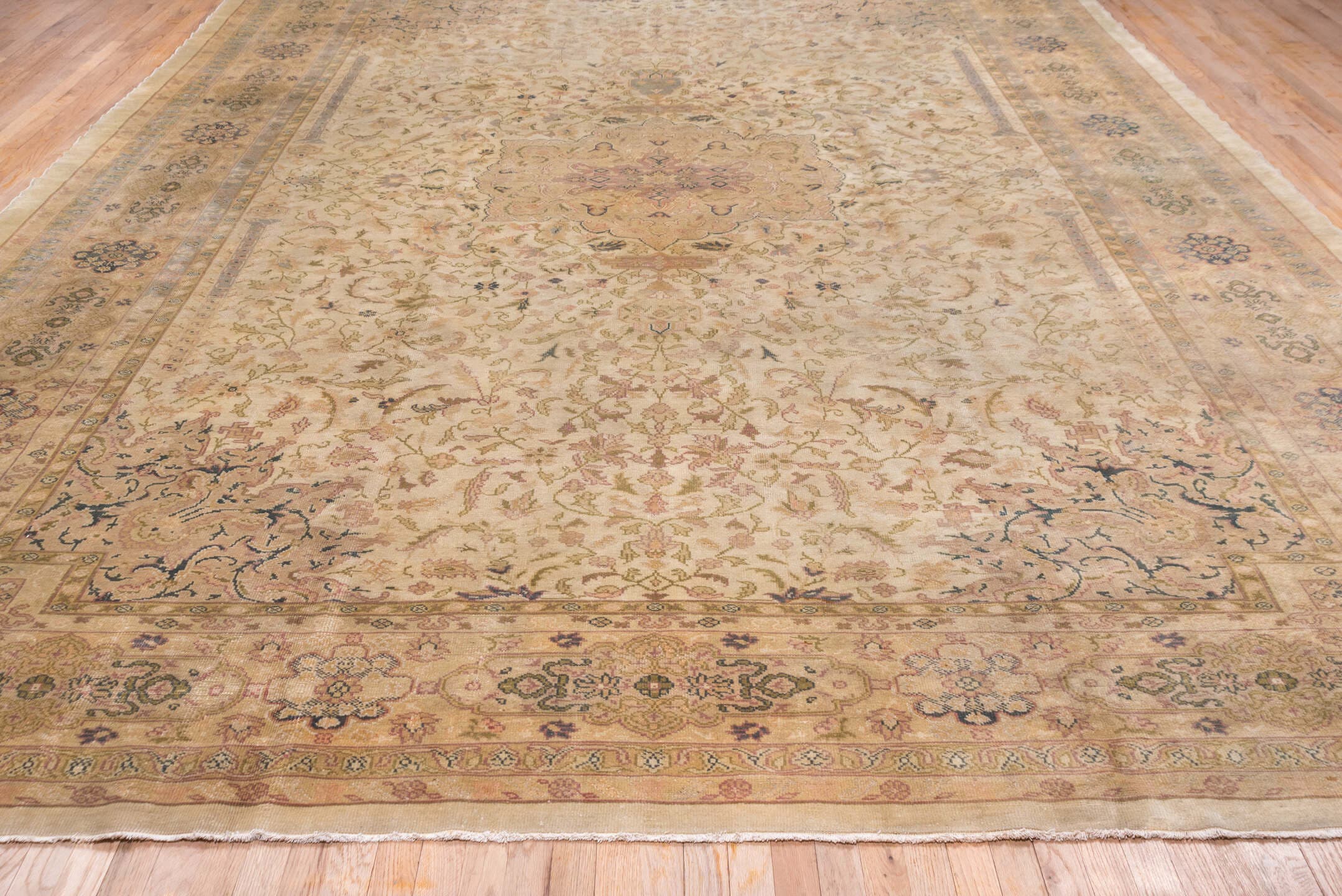11' x 15' one-of-a-kind handmade antique Oushak oversize rug. Color palette: ivory, taupe, beige, blush, sage, soft blue