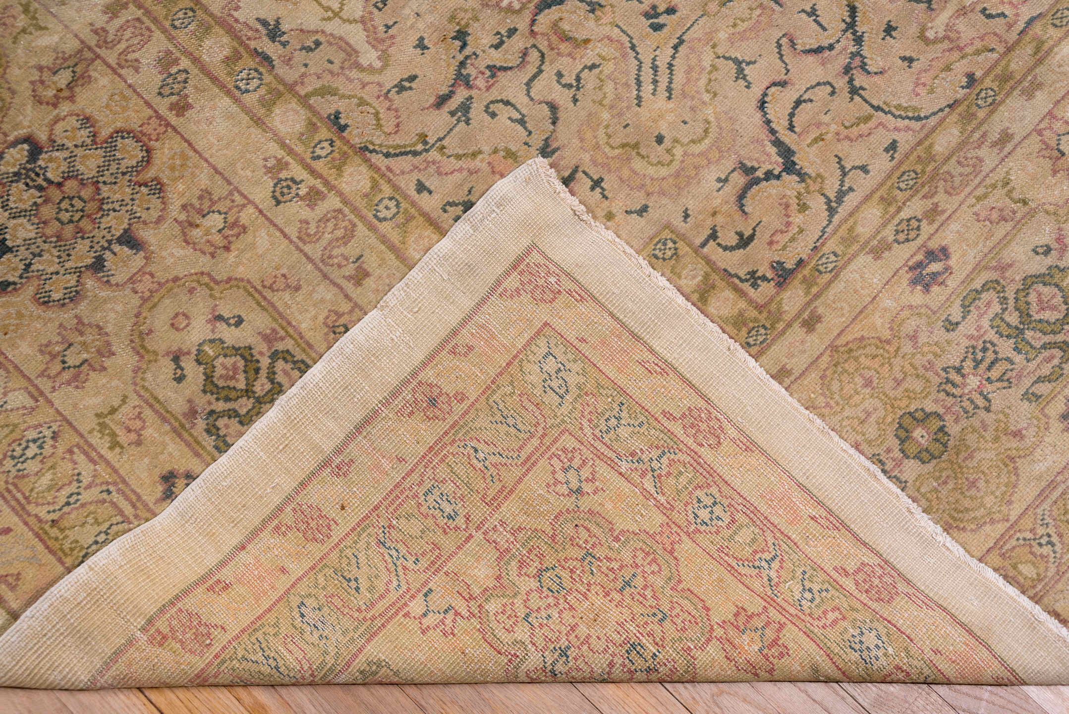 11' x 15' one-of-a-kind handmade antique Oushak oversize rug. Color palette: ivory, taupe, beige, blush, sage, soft blue