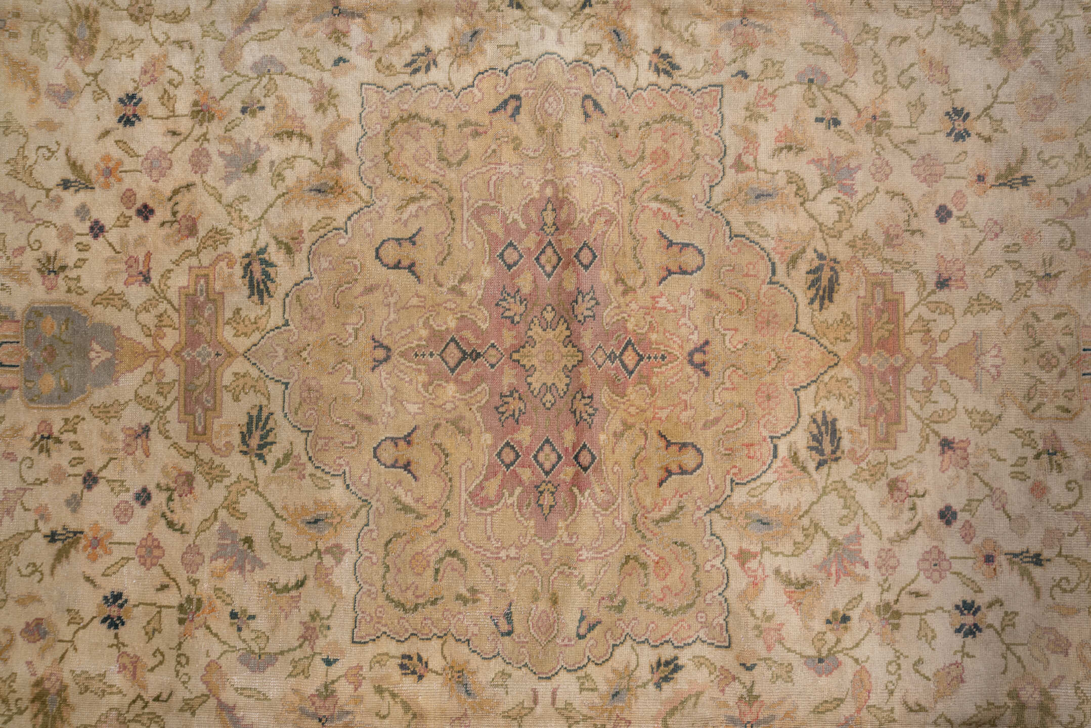 11' x 15' one-of-a-kind handmade antique Oushak oversize rug. Color palette: ivory, taupe, beige, blush, sage, soft blue