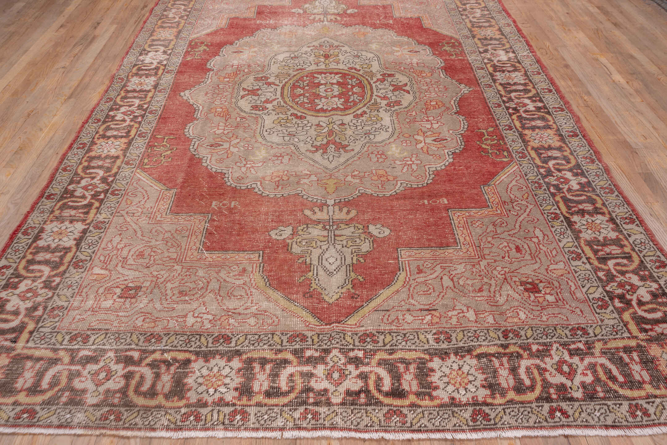7' x 12' one-of-a-kind handmade antique Oushak large size rug. Color palette: rose, ivory, taupe, rust, terracotta, charcoal