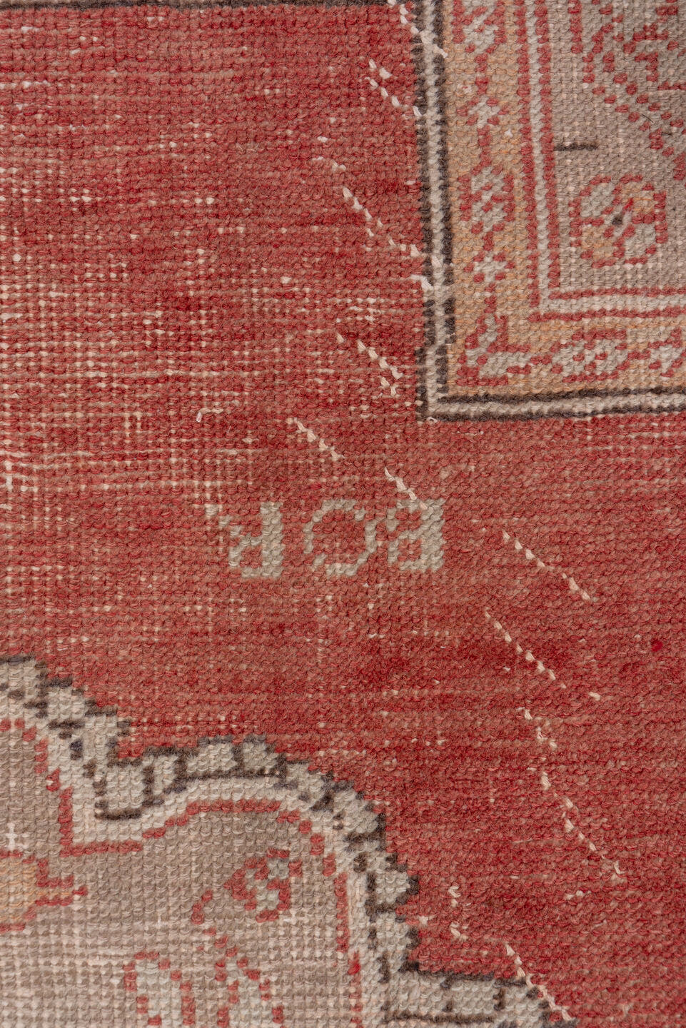 7' x 12' one-of-a-kind handmade antique Oushak large size rug. Color palette: rose, ivory, taupe, rust, terracotta, charcoal