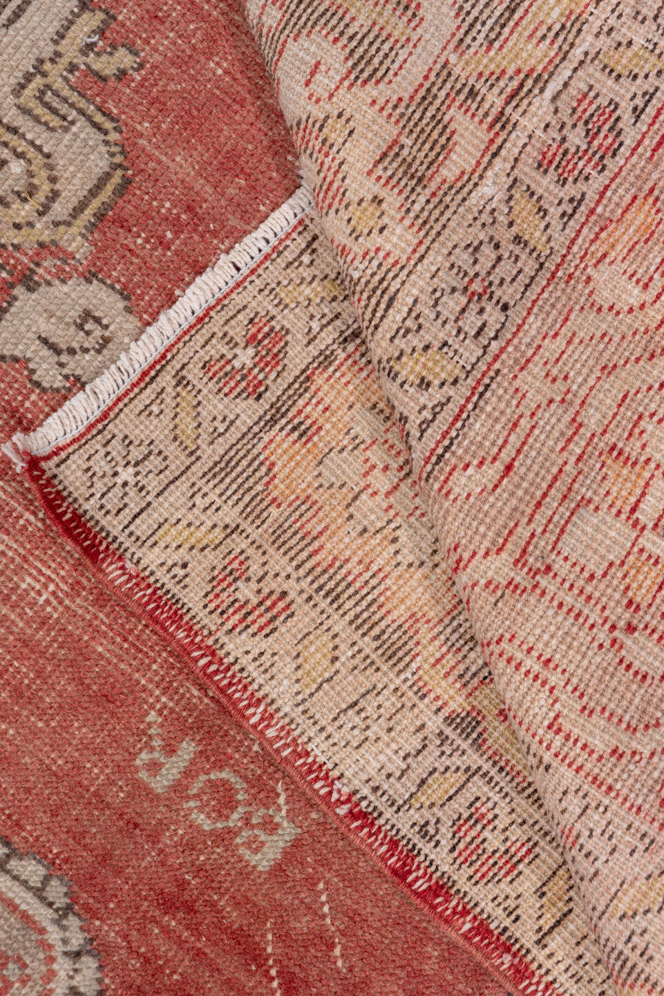 7' x 12' one-of-a-kind handmade antique Oushak large size rug. Color palette: rose, ivory, taupe, rust, terracotta, charcoal