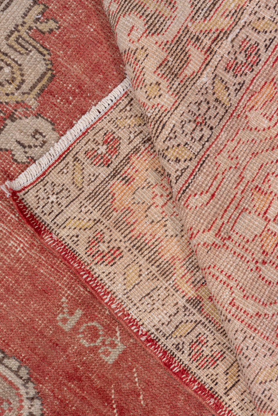 7' x 12' one-of-a-kind handmade antique Oushak large size rug. Color palette: rose, ivory, taupe, rust, terracotta, charcoal