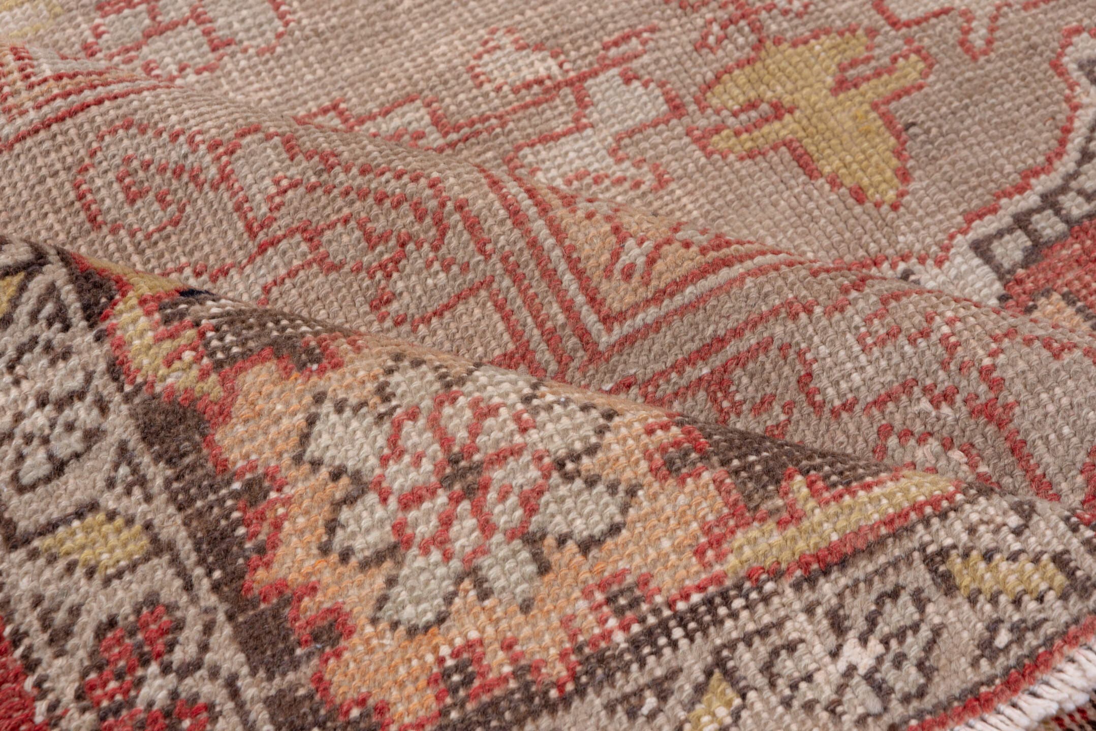 7' x 12' one-of-a-kind handmade antique Oushak large size rug. Color palette: rose, ivory, taupe, rust, terracotta, charcoal