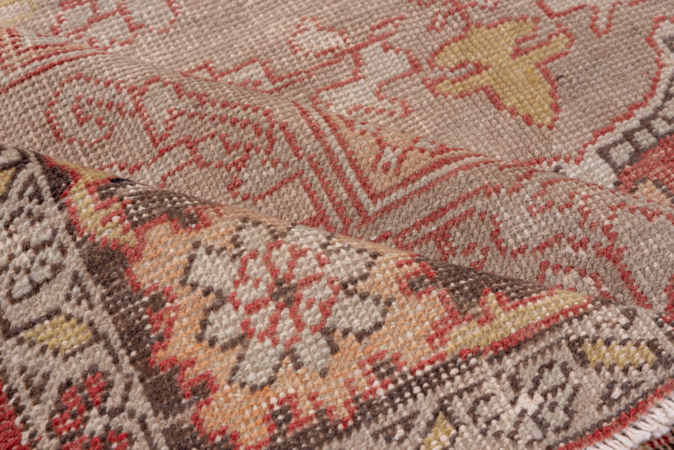 7' x 12' one-of-a-kind handmade antique Oushak large size rug. Color palette: rose, ivory, taupe, rust, terracotta, charcoal
