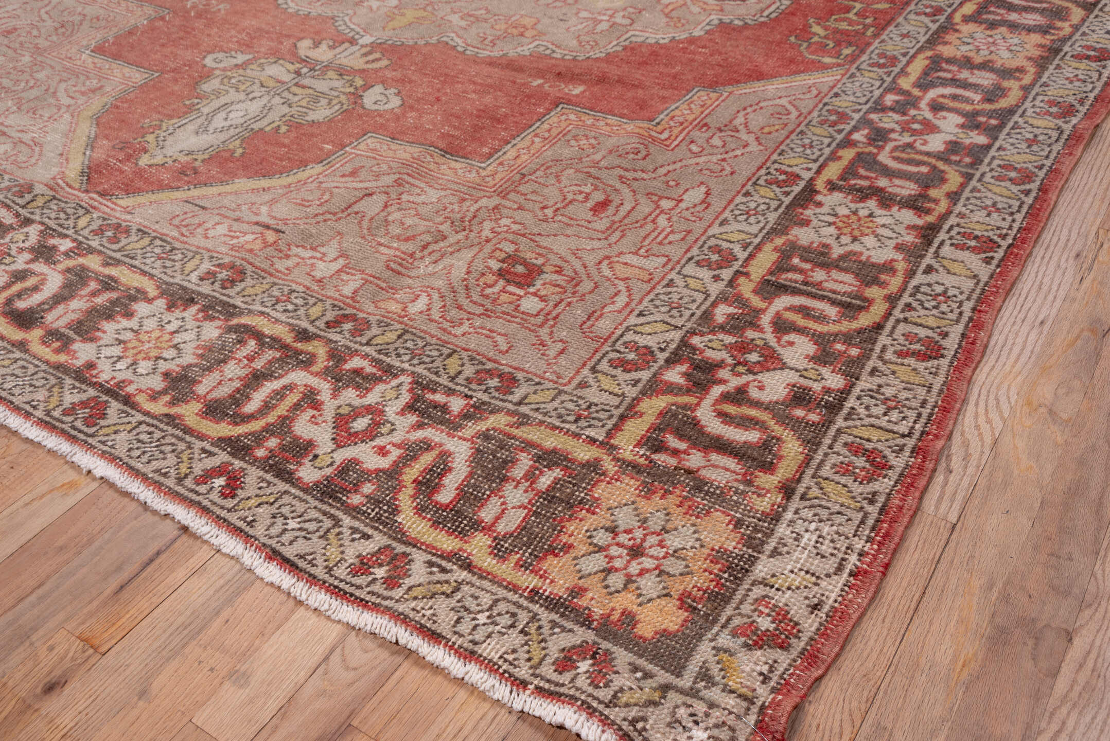 7' x 12' one-of-a-kind handmade antique Oushak large size rug. Color palette: rose, ivory, taupe, rust, terracotta, charcoal
