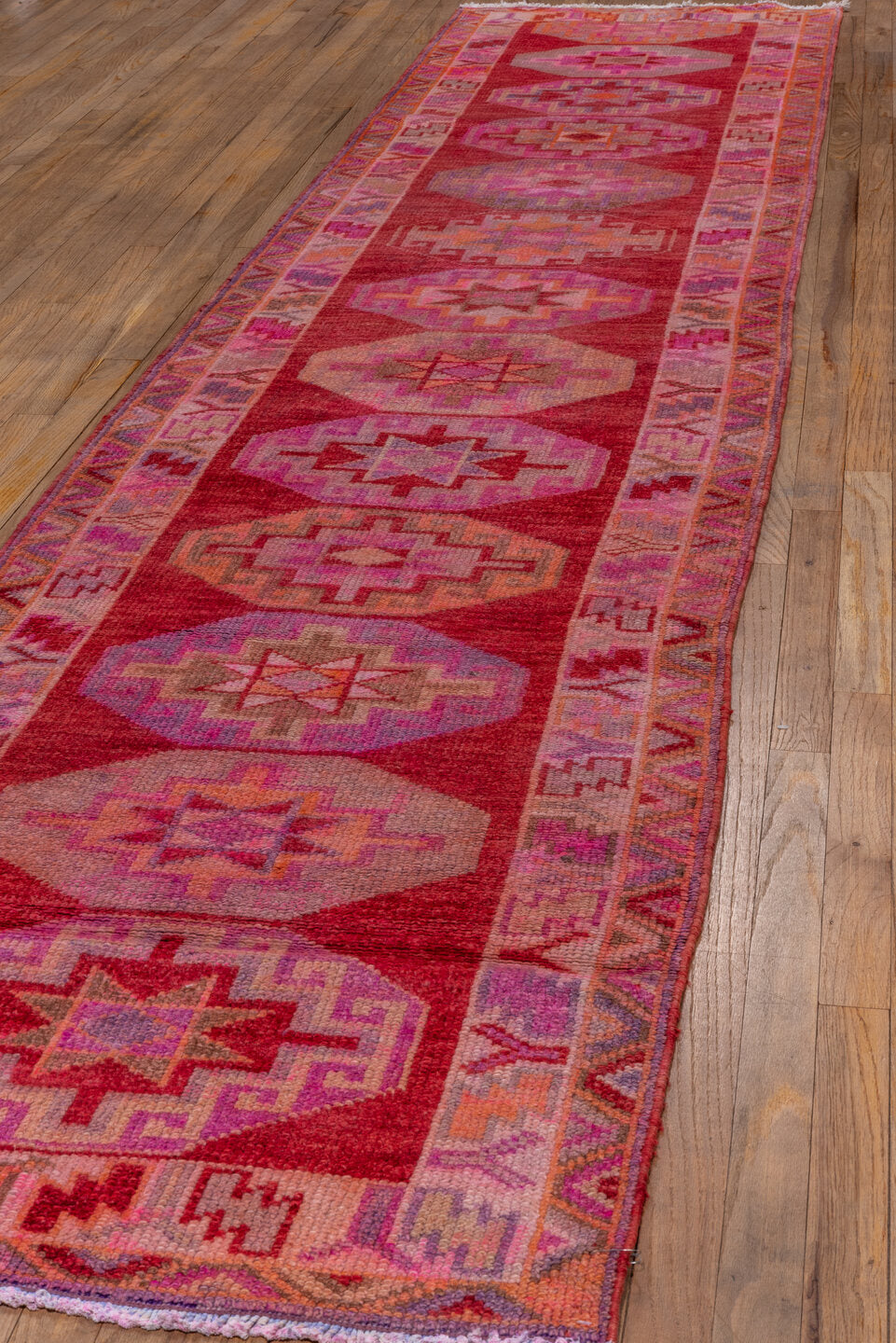 2' x 13' one-of-a-kind handmade vintage Oushak runner rug. Color palette: brown, off-white, pink, red, snow, white